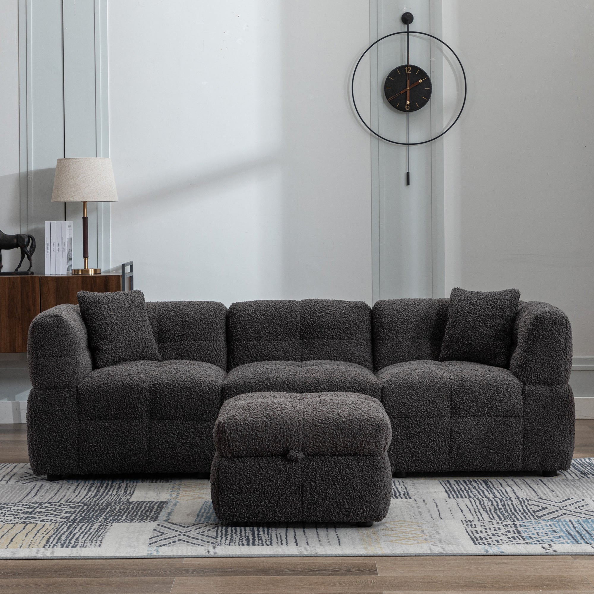 Gray Teddy Fleece Sectional Sofa with Multi-Functional Storage Ottoman