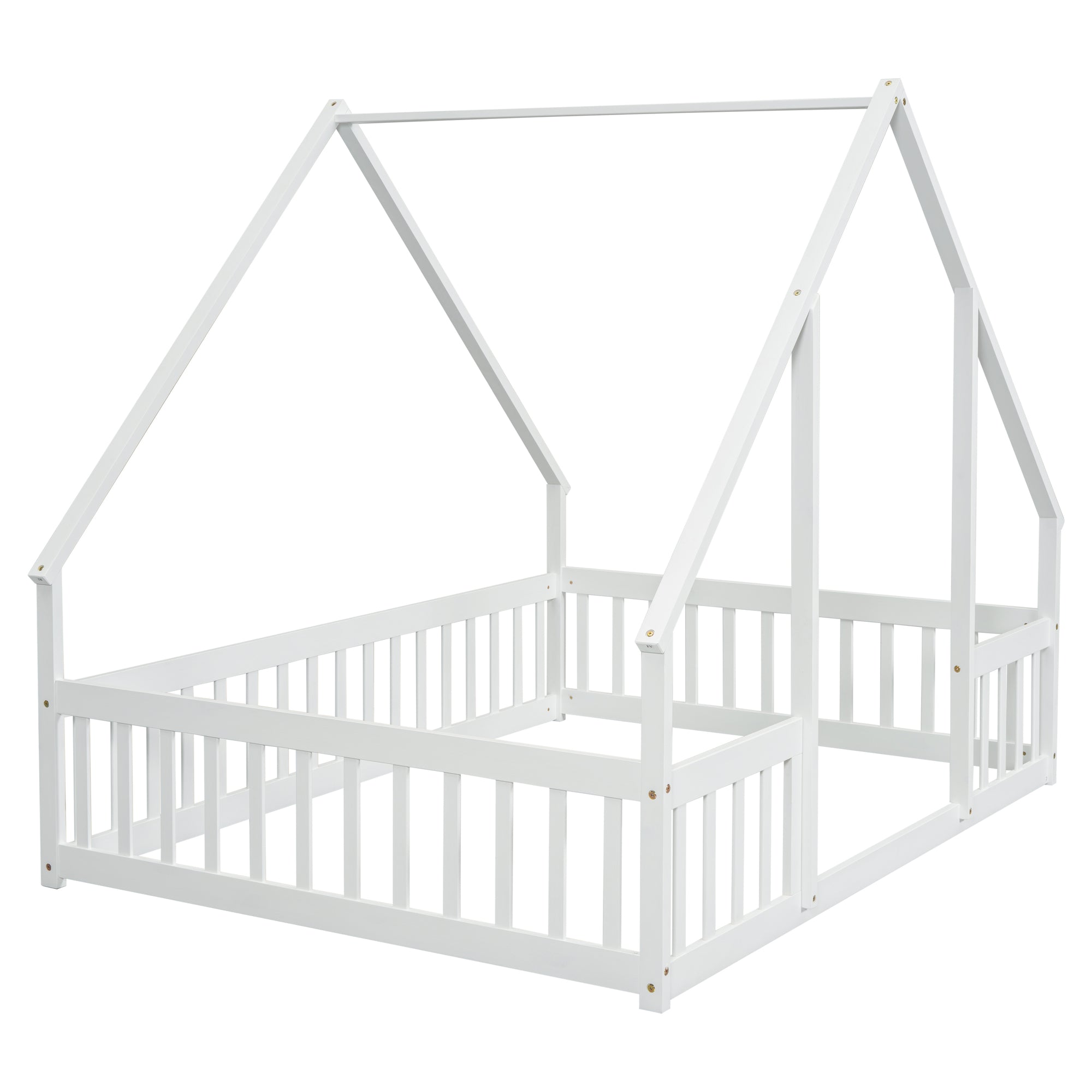 White Full Wood House-Shaped Toddler Floor Bed with Fence and Guardrails