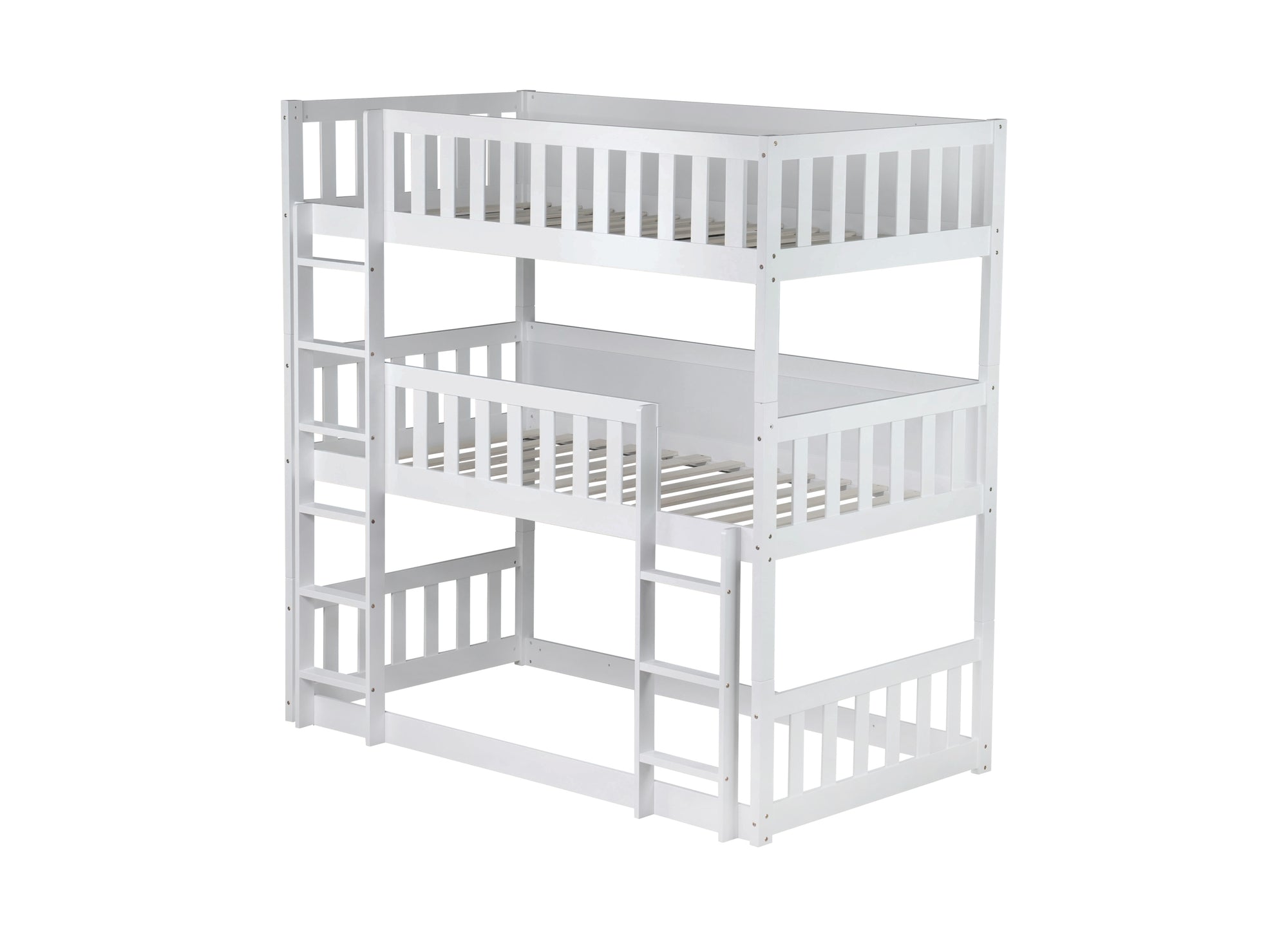 Detachable Twin Size Triple Bunk Bed with Ladders and Guardrails in White