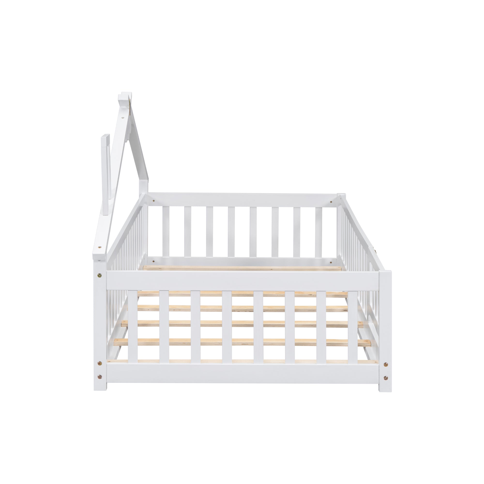 Twin House-Shaped Bedside Toddler Floor Bed with Guardrails, Slats & Door