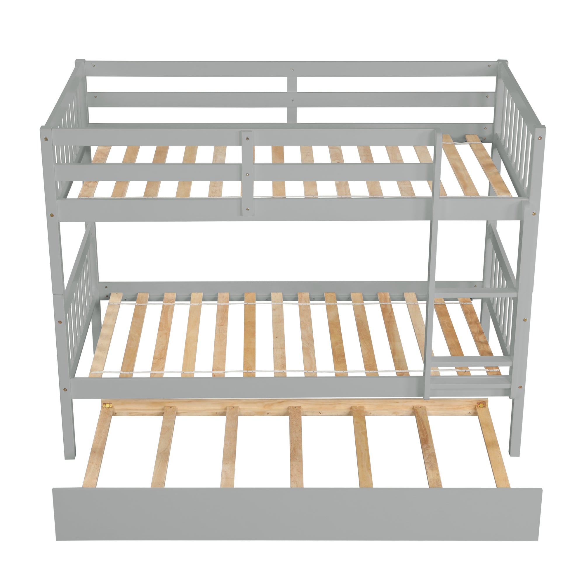 Gray Twin Over Twin Rubber Wood Bunk Bed with Trundle – Convertible Design