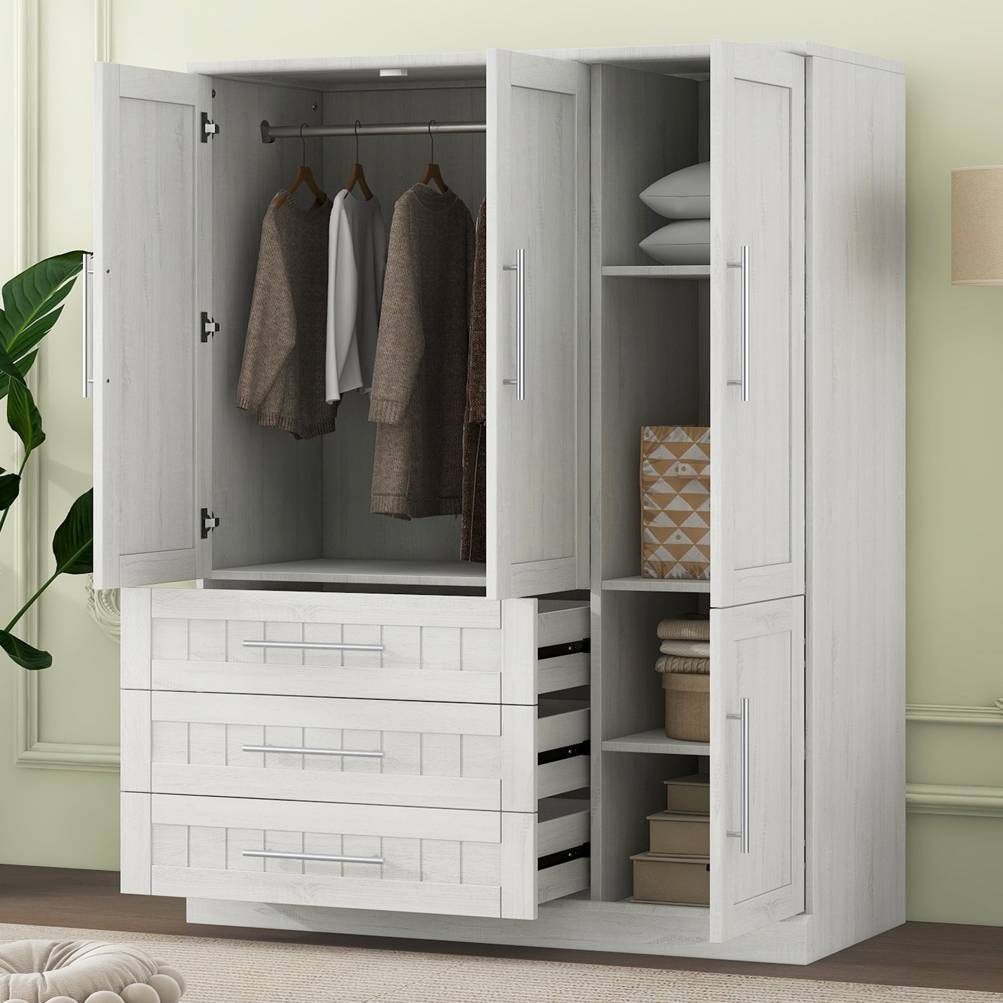 4 Door Wardrobe Armoire Closet with 3 Drawers White In White