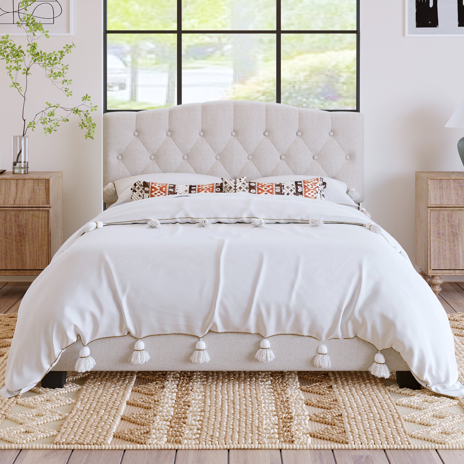 Beige Queen Size Upholstered Platform Bed with Diamond-Tufted Headboard