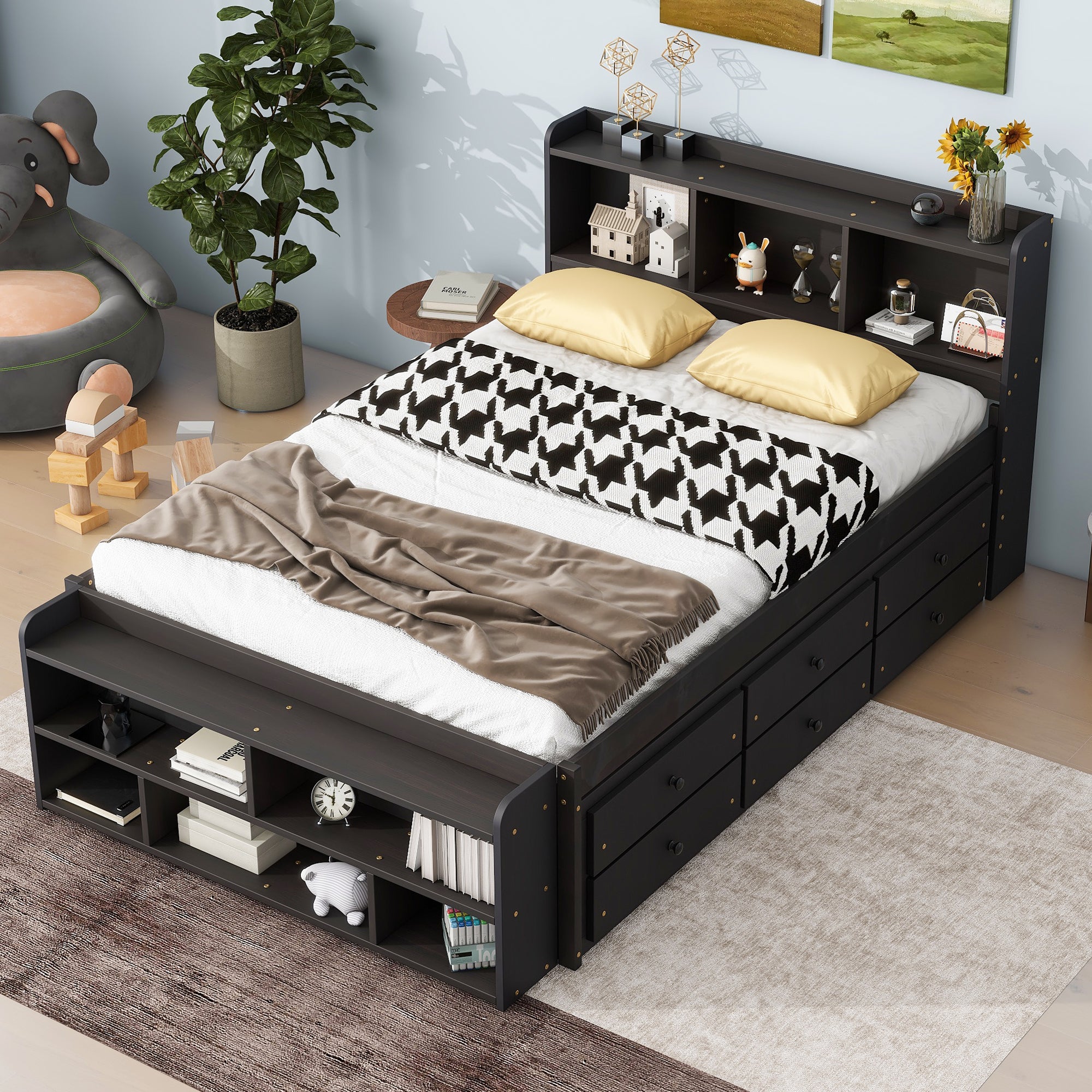 Full Bed with Bookcase Headboard, Under-Bed Storage Drawers & Bed-End Storage Case in Espresso