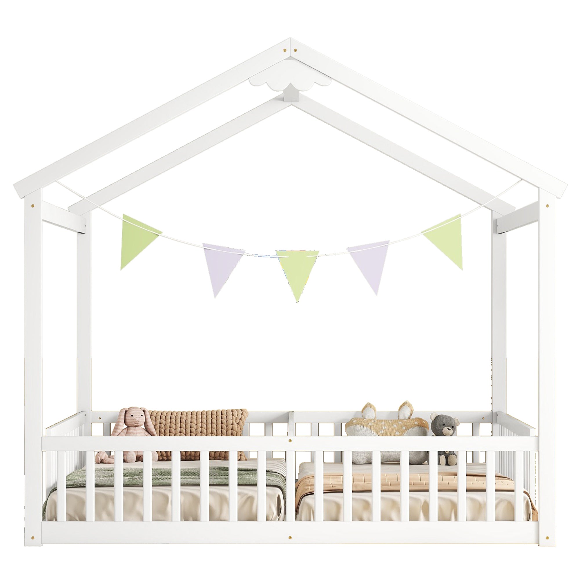 White Double Twin House-Style Toddler Floor Bed with Fence & Guardrails