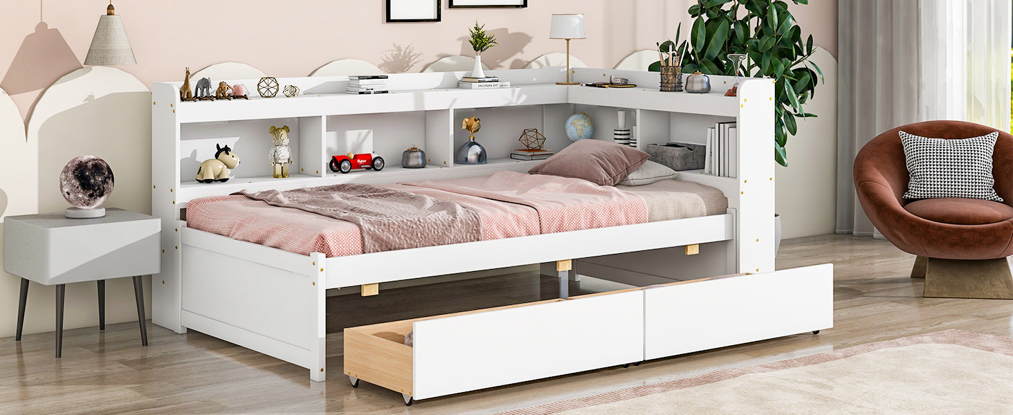 White Twin Bed with L-Shaped Bookcases and Storage Drawers