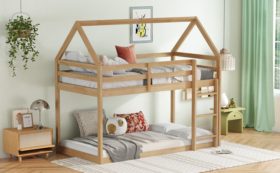 White Oak Twin Over Twin Rubber Wood House-Shaped Bunk Bed with Ladder & Guardrails