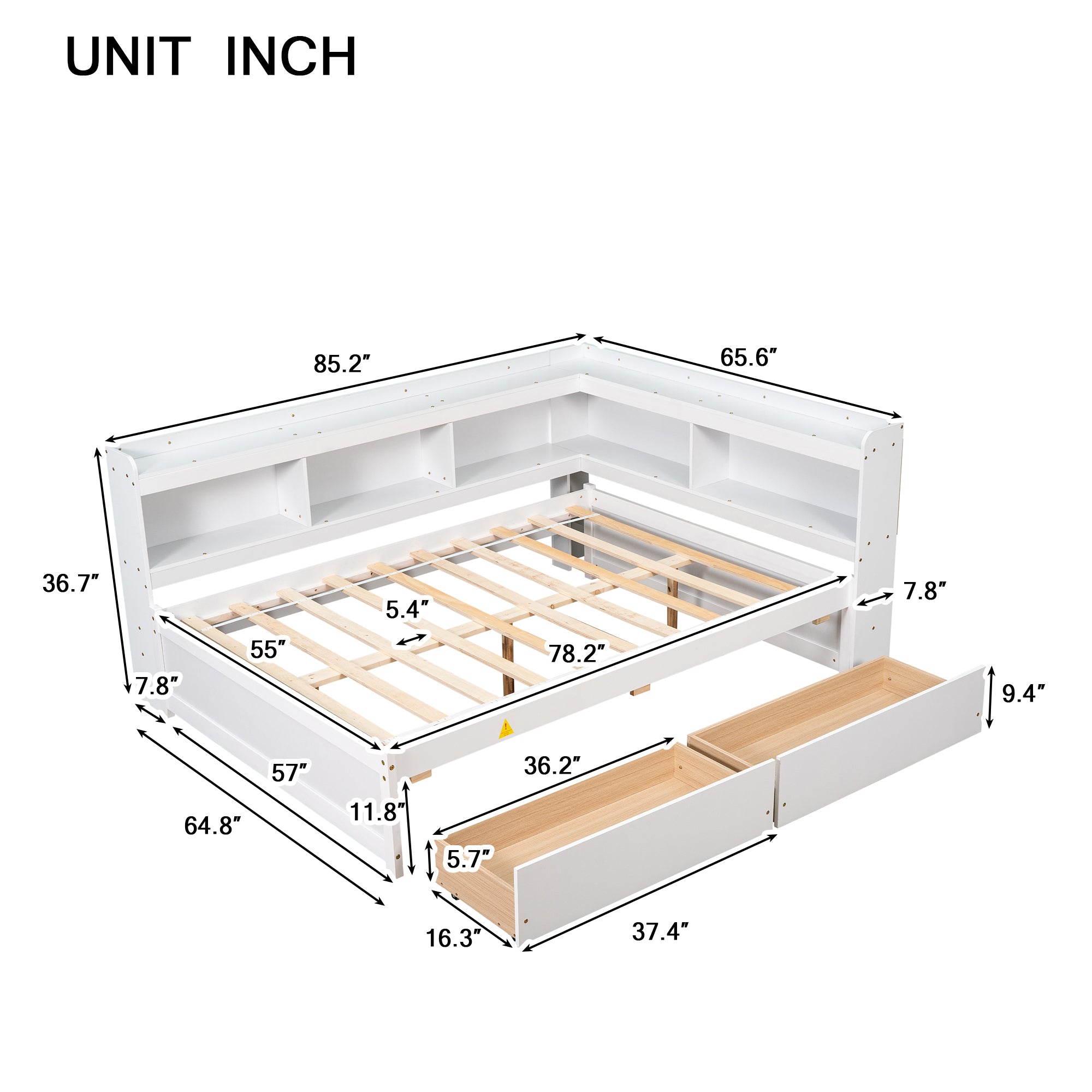 White Full Bed with L-Shaped Bookcases and Storage Drawers