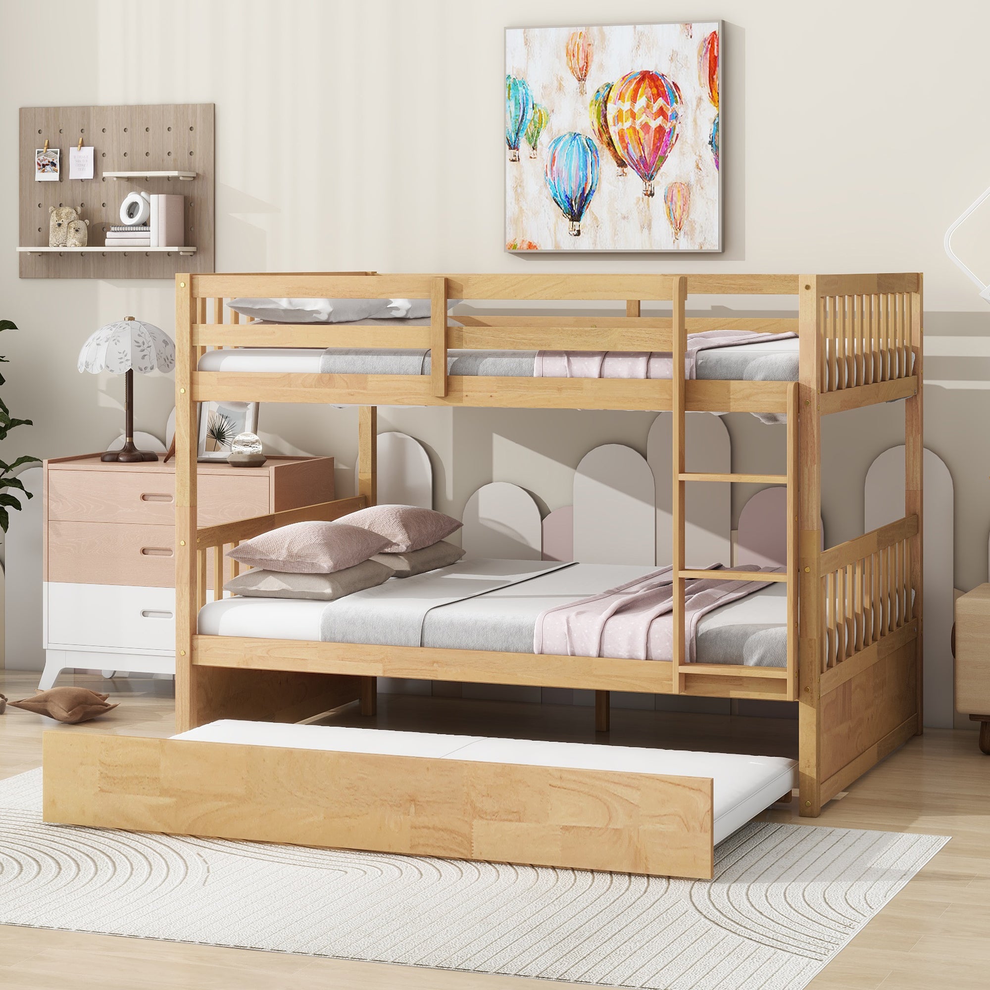 Full Over Full Twin Size Triple Bunk Bed with Ladders and Guardrails in White