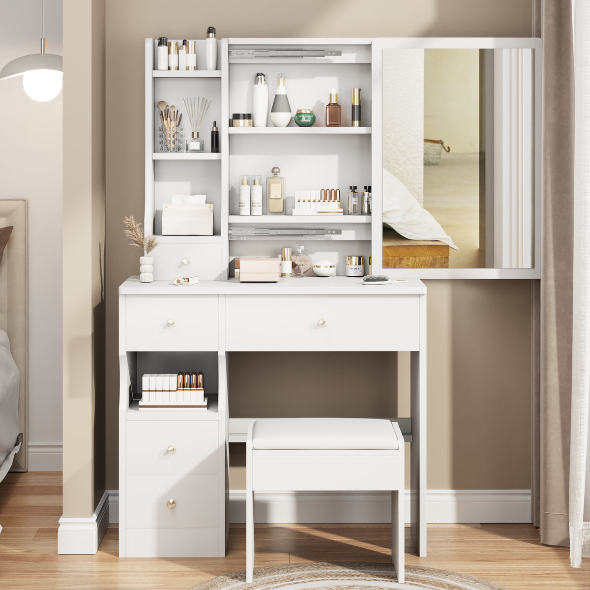 Small Space Left Drawer Desktop Vanity Table With Cushioned Stool Extra Large Right Sliding Mirror Multi Layer Storage In White