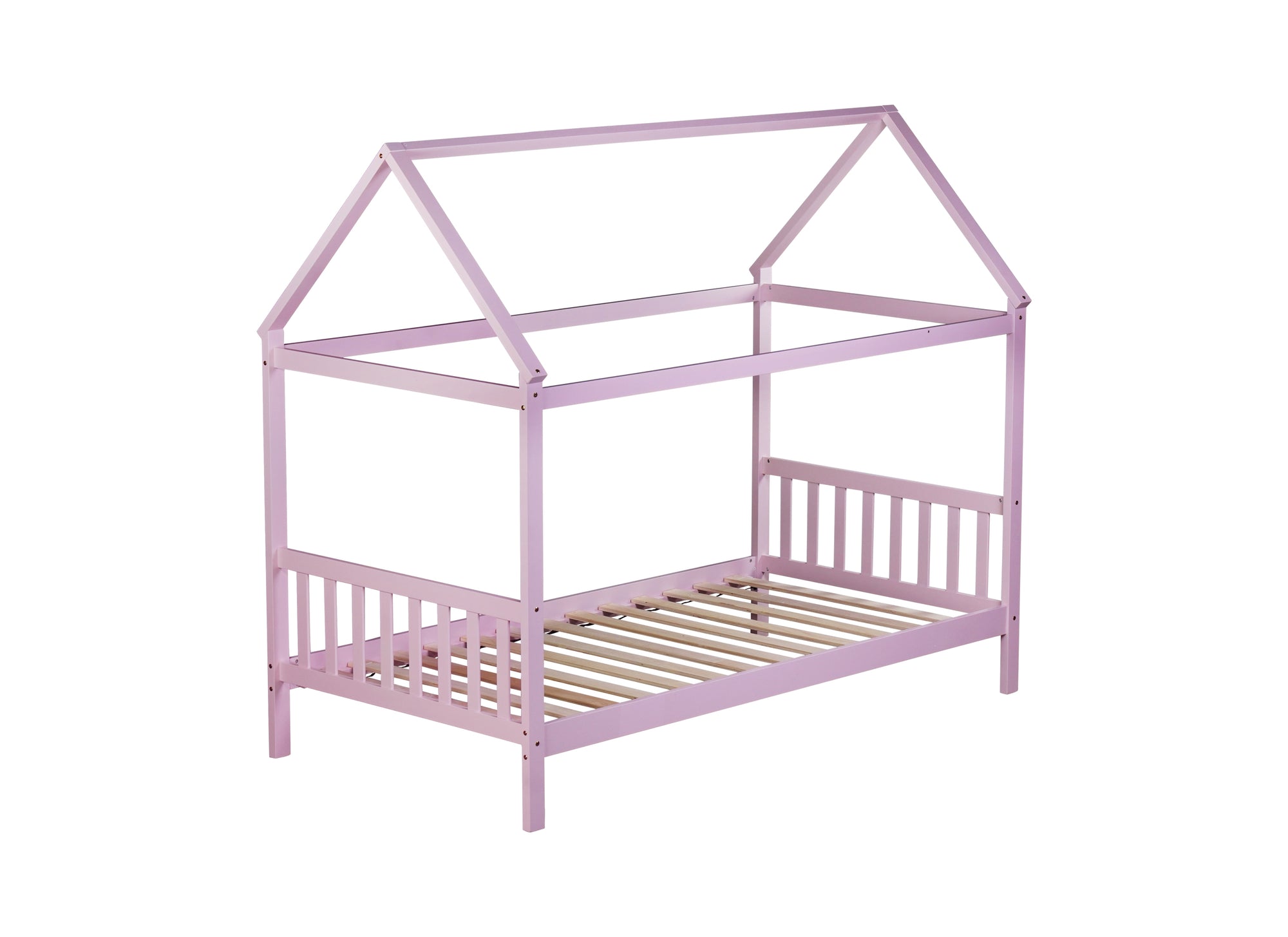 Pink Twin Rubber Wood House Bed with Headboard and Footboard