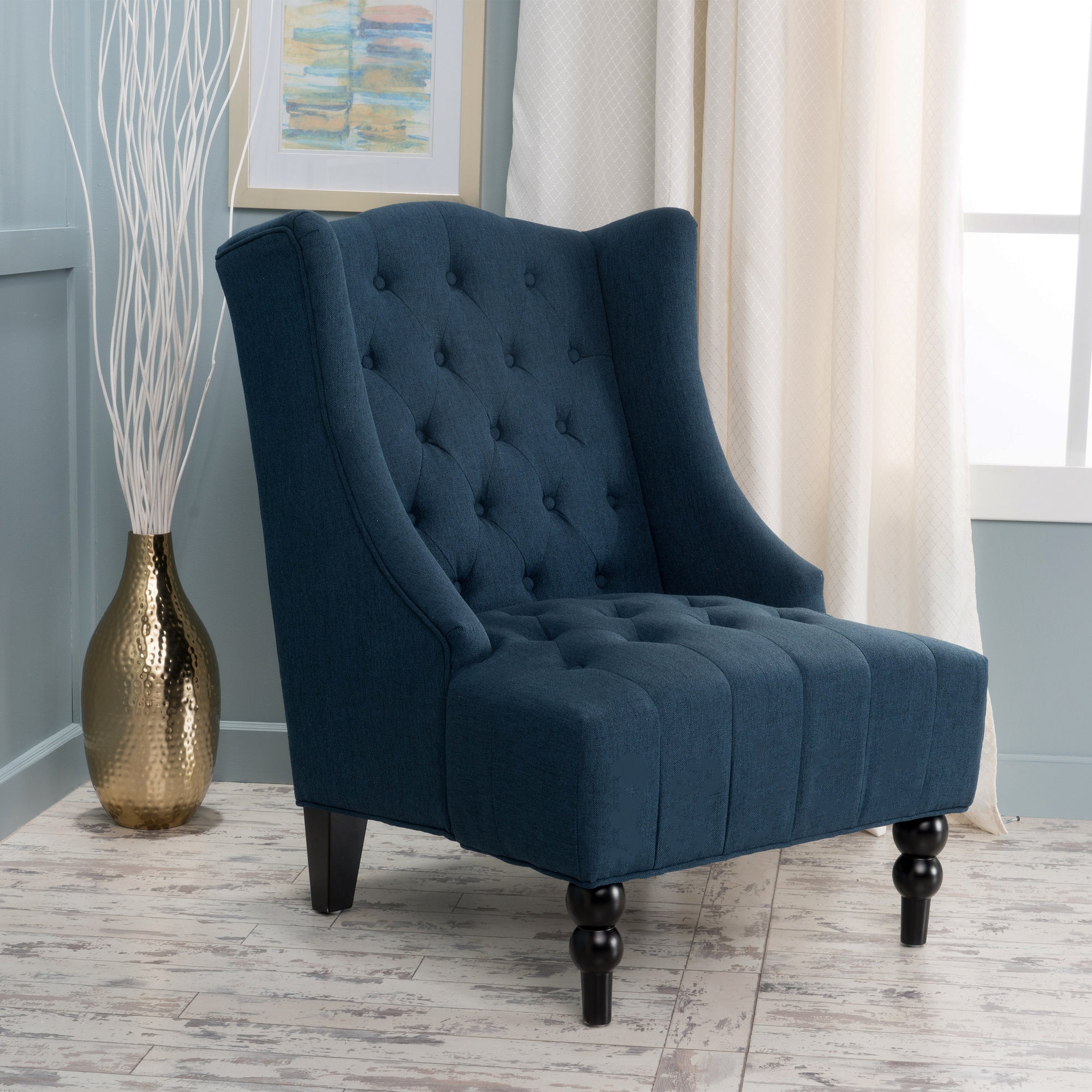 Upholstered Wingback Chair In Navy Blue Linen