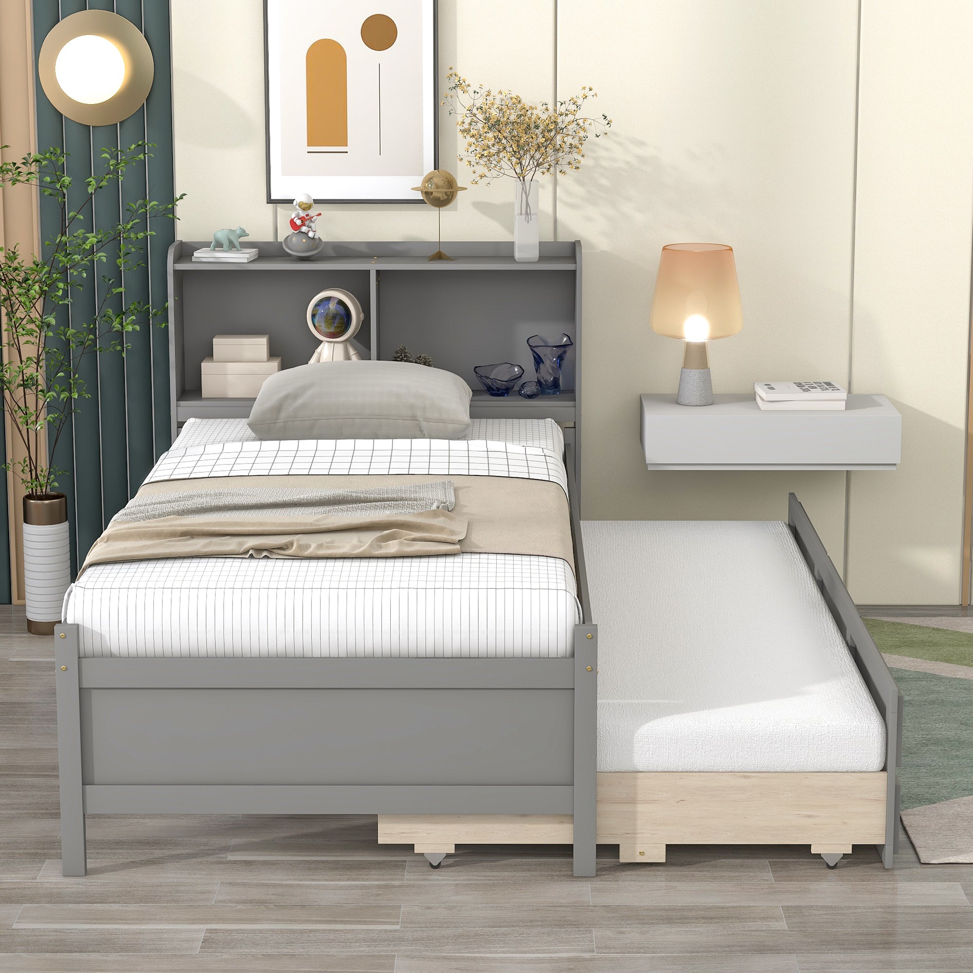 Twin Bed with Bookcase, Trundle, and Storage Drawers in Grey