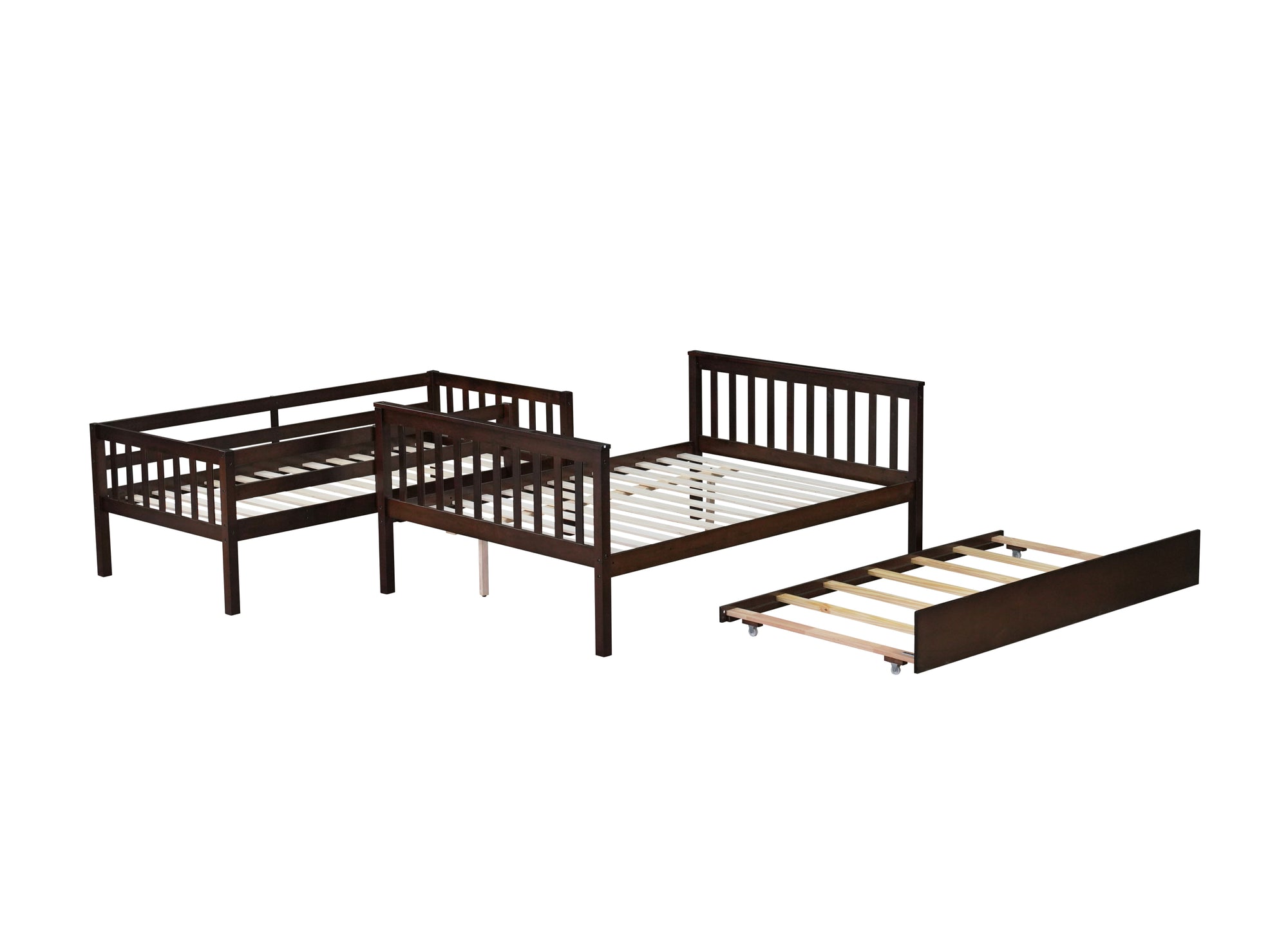 Espresso Twin Over Full Rubber Wood Bunk Bed with Trundle and Detachable Design