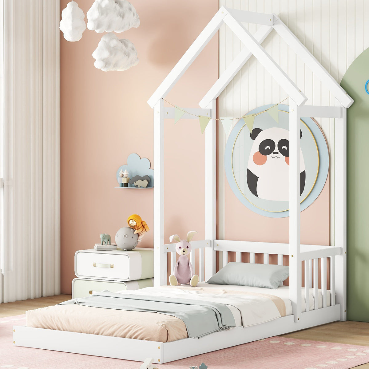 White Twin House-Shaped Roof Headboard Toddler Floor Bed