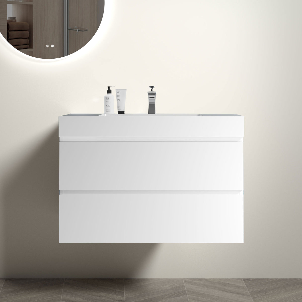 36 Inch White Bathroom Vanity with Large Storage Wall Mounted Floating Design One-Piece Basin In White