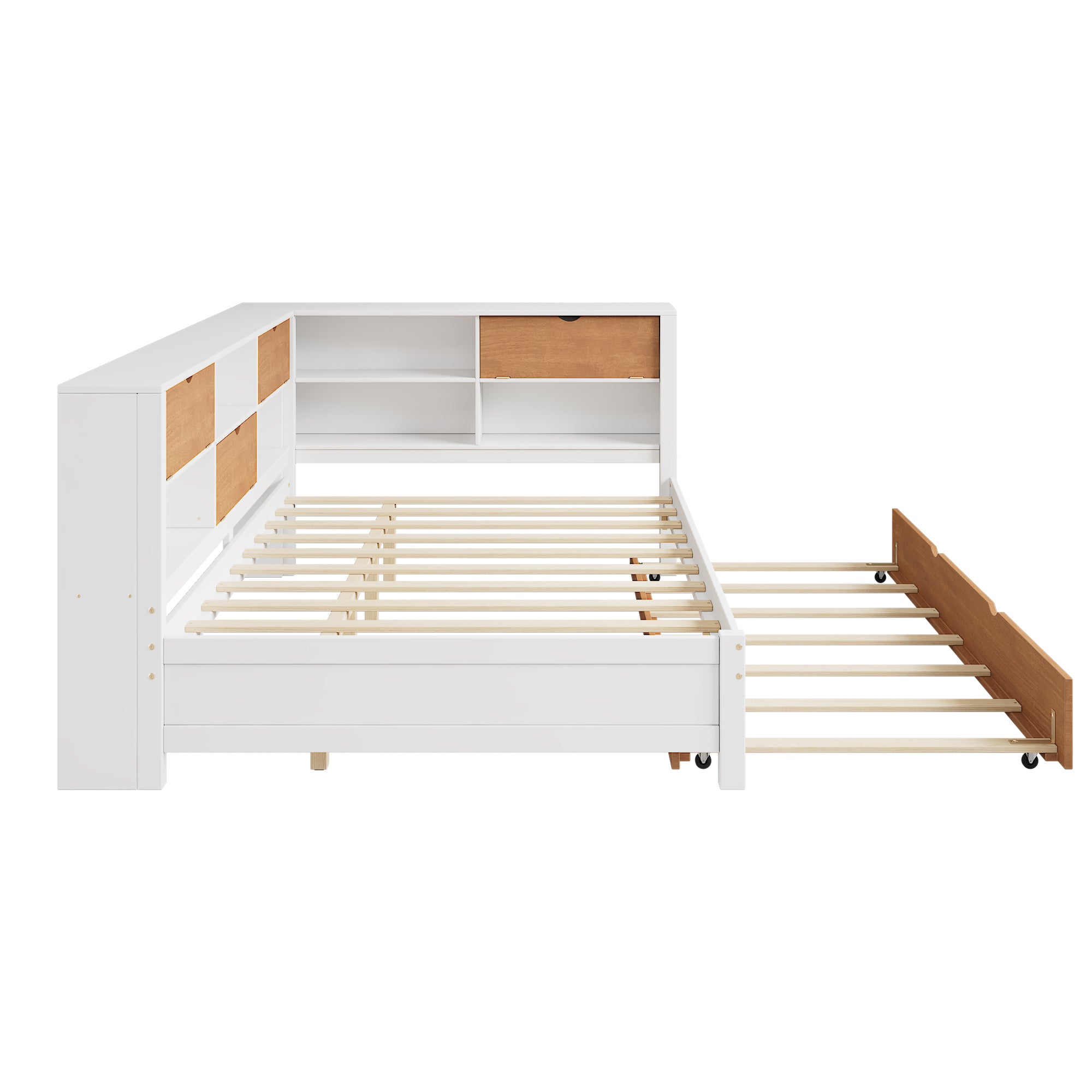 Full Daybed with Storage, Trundle & L-Shaped Bookcases in White & Walnut