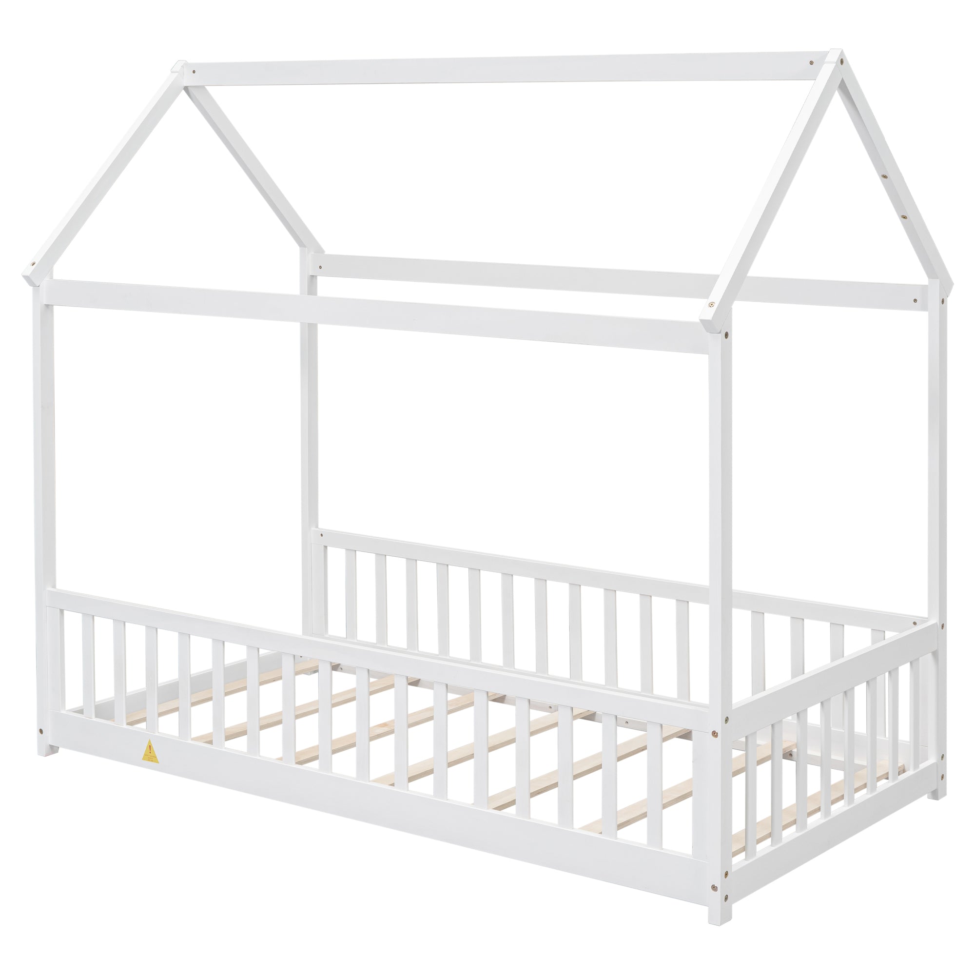 White Twin House Toddler Floor Bed with Guardrails and Slats