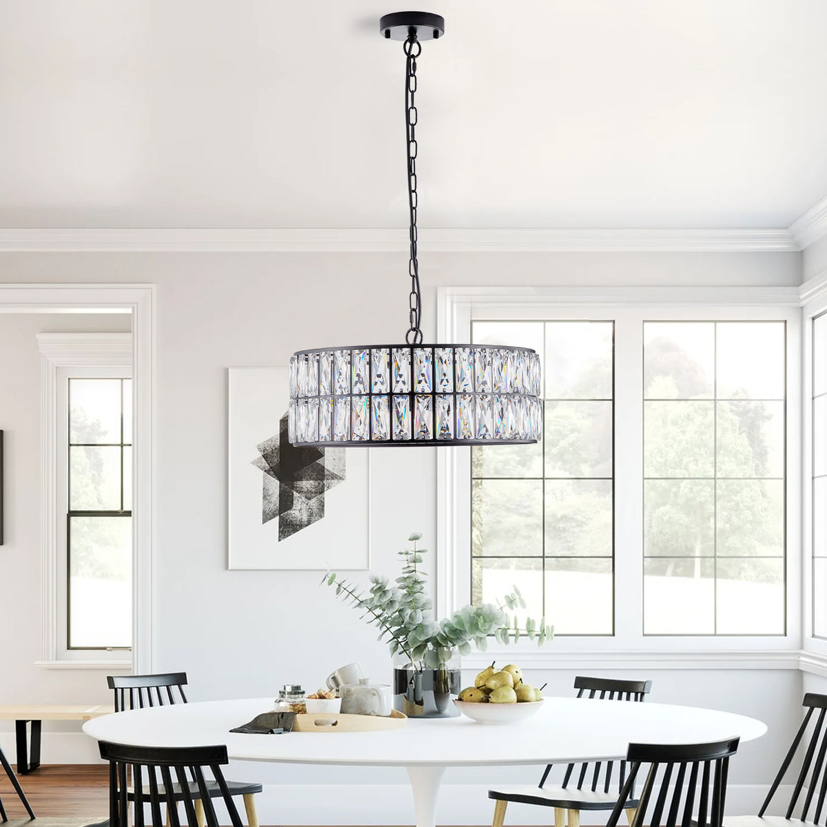 Black Metal Frame Crystal Drum Chandelier