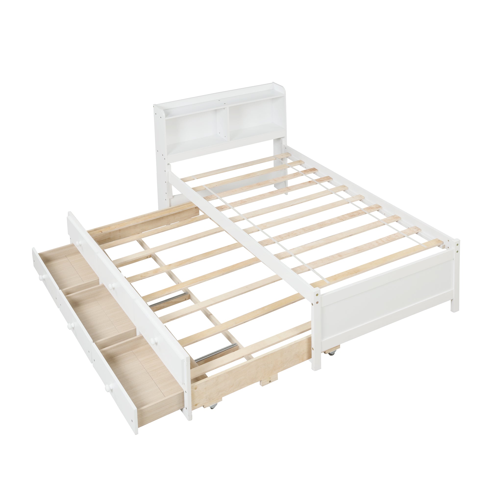 White Twin Bed with Bookcase, Trundle, and Drawers