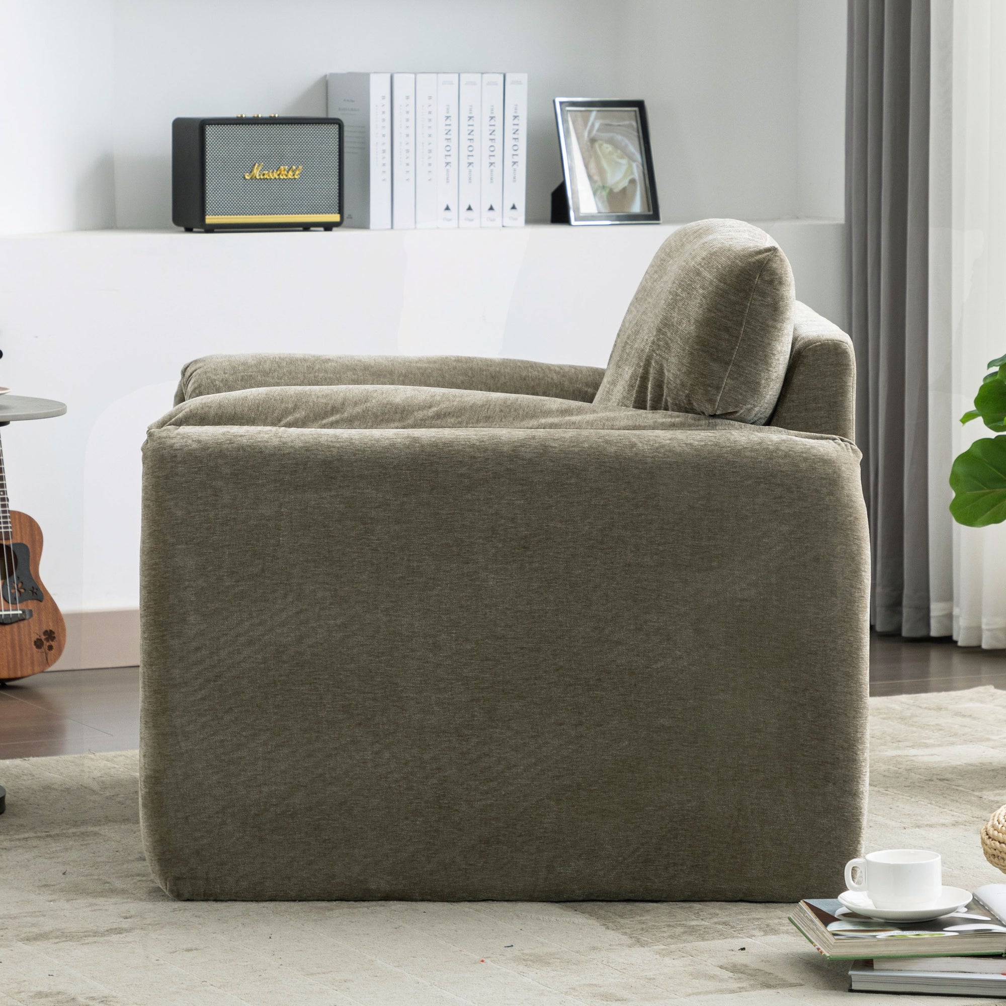 Modern Chenille Oversized Armchair In Matcha Green