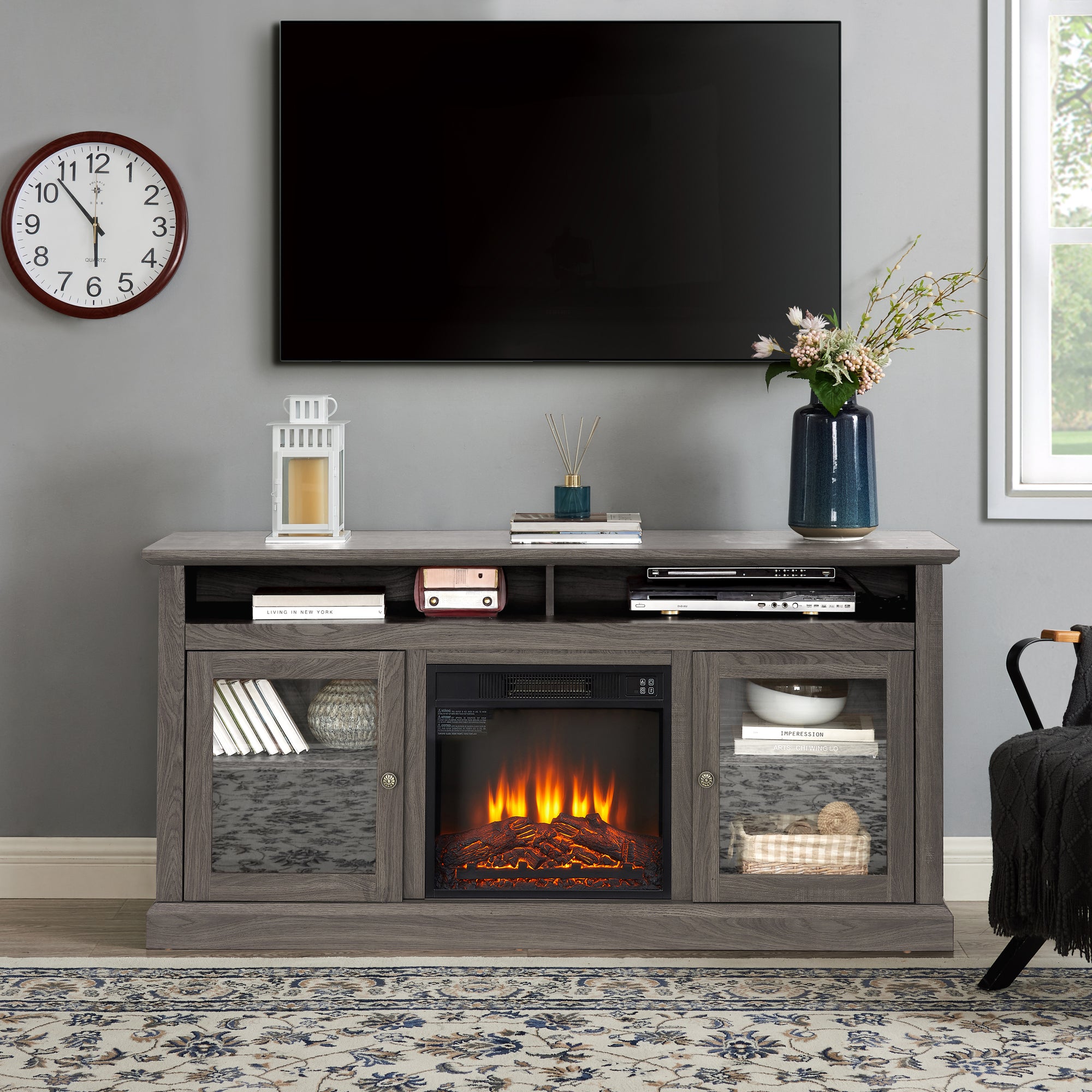 Retro TV Stand for 65 Inch TV with Storage and Fireplace Insert In Dark Walnut