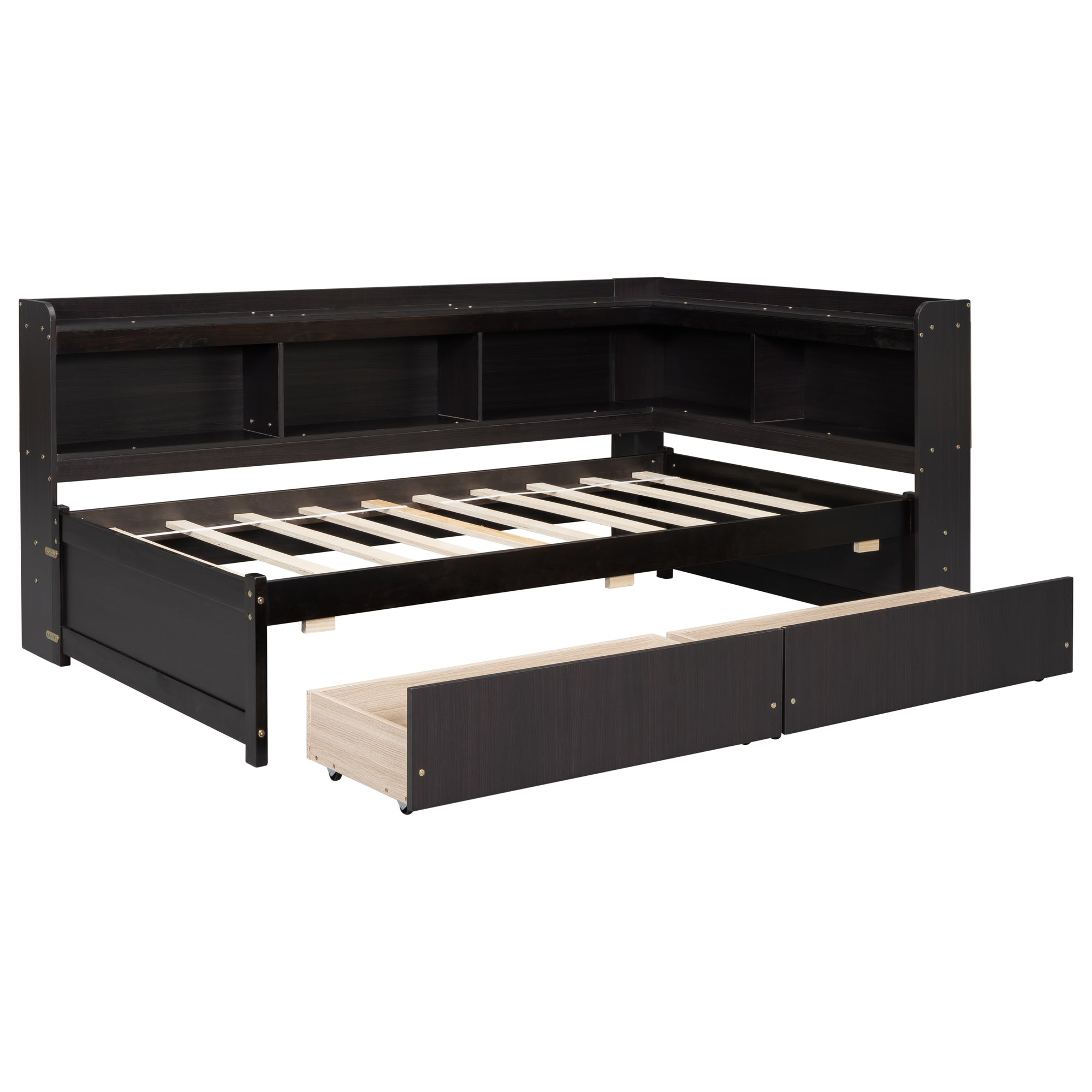 Espresso Tone Twin Bed with L-Shaped Bookcases and Storage Drawers