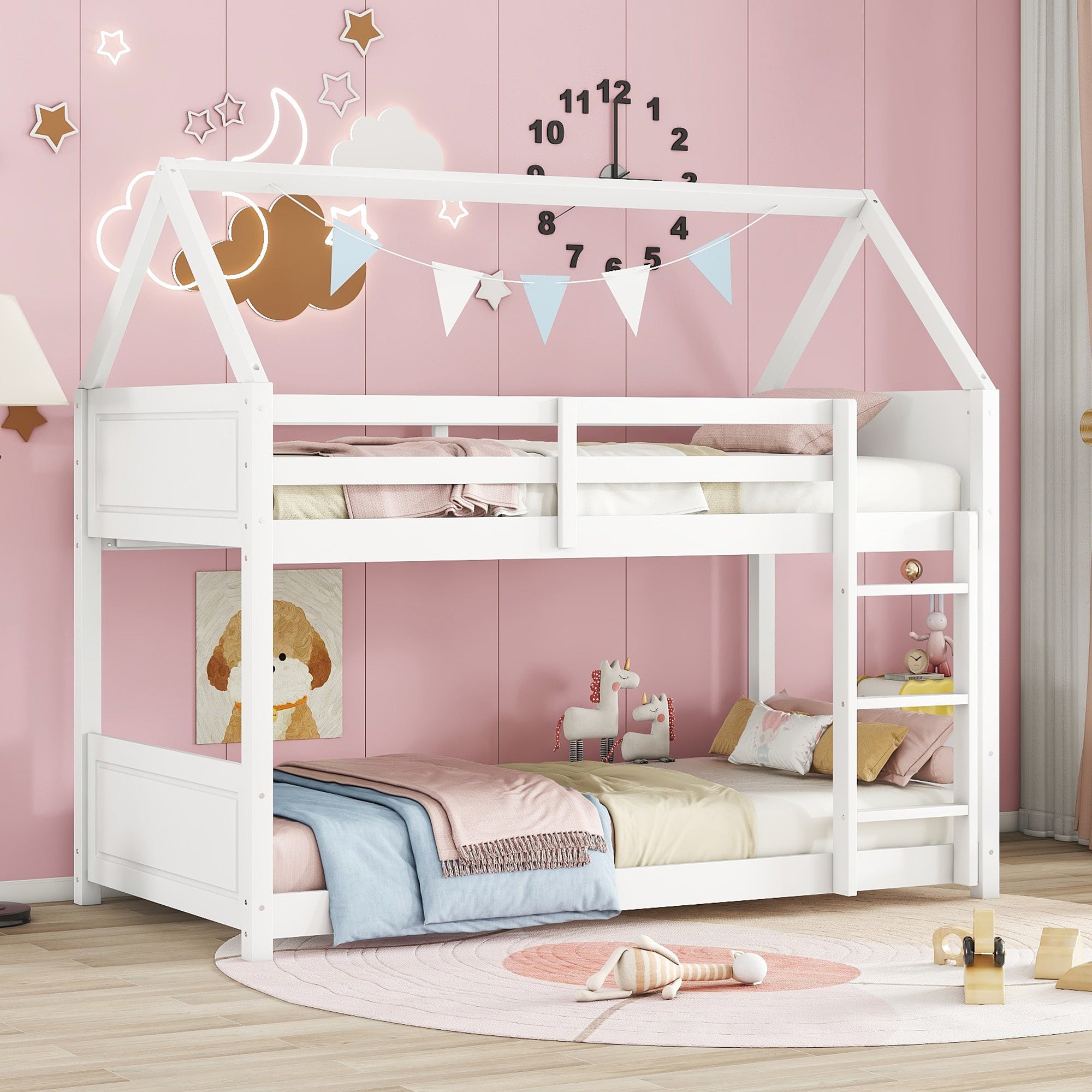 Twin Over Twin House Floor Bunk Bed with Guardrails and Ladder