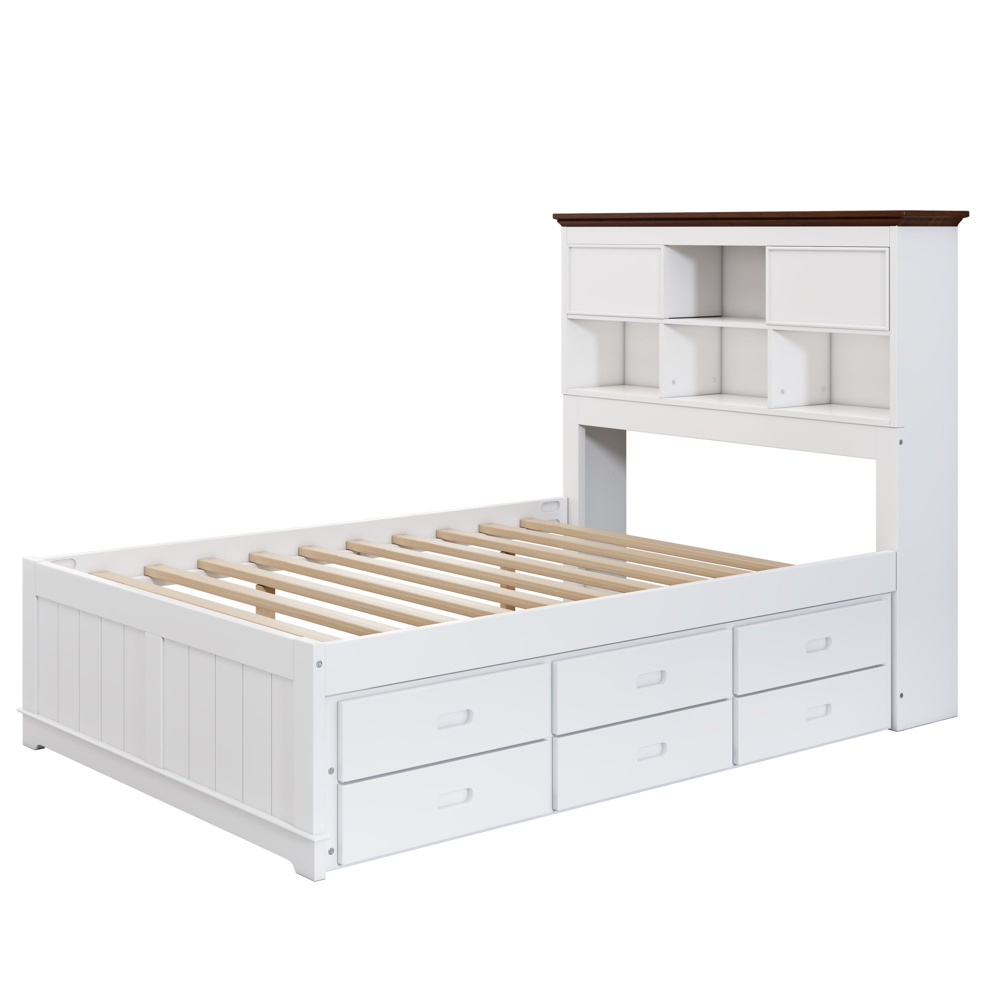 White & Walnut Full Size Bookcase Bed with Trundle and Storage