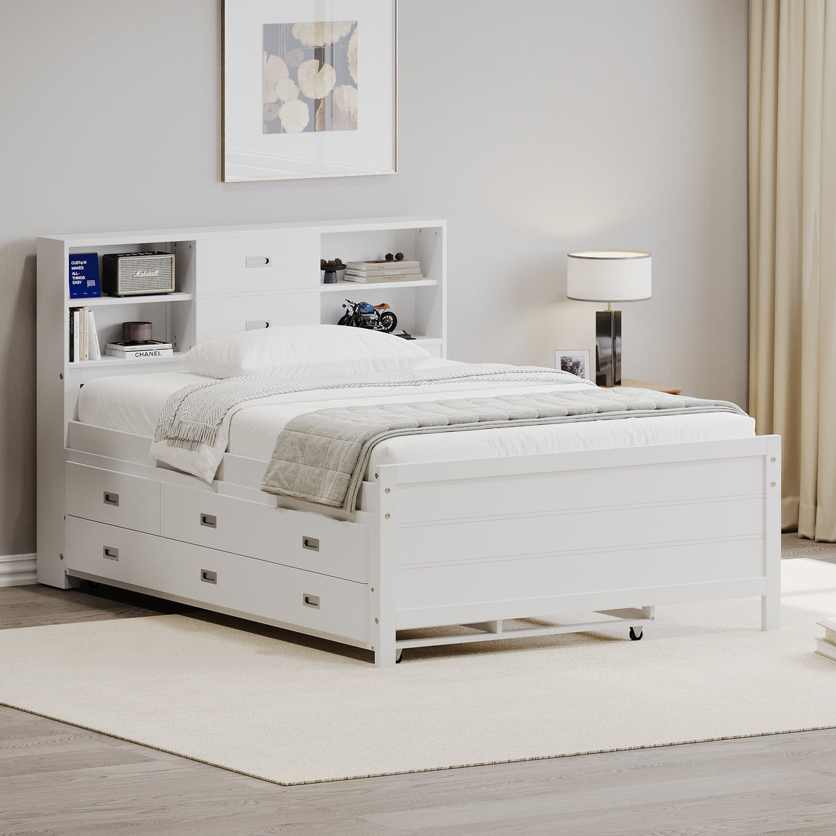 White Twin Trundle Bed with Storage Drawers