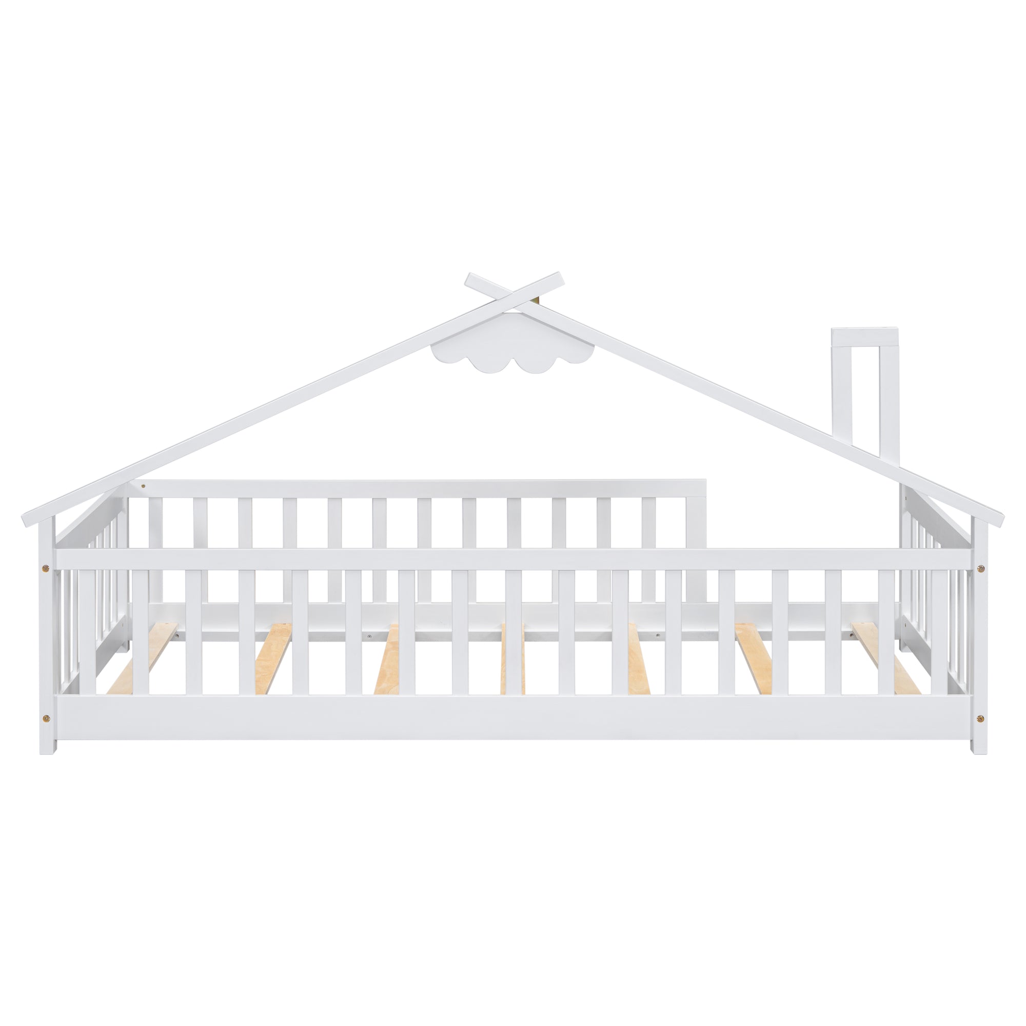 Twin House-Shaped Toddler Floor Bed with Guardrails and Slats