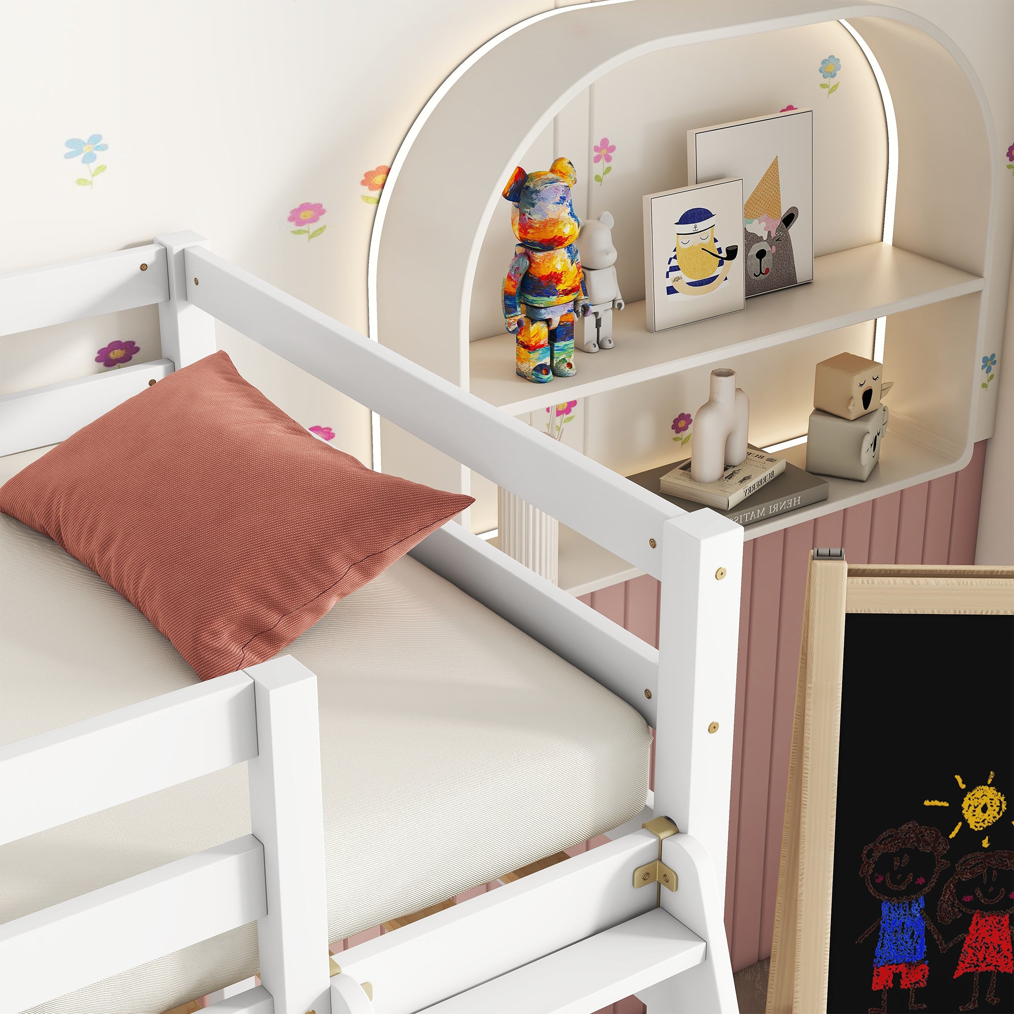 White Twin Size High Loft Bed with Inclined Ladder and Guardrails