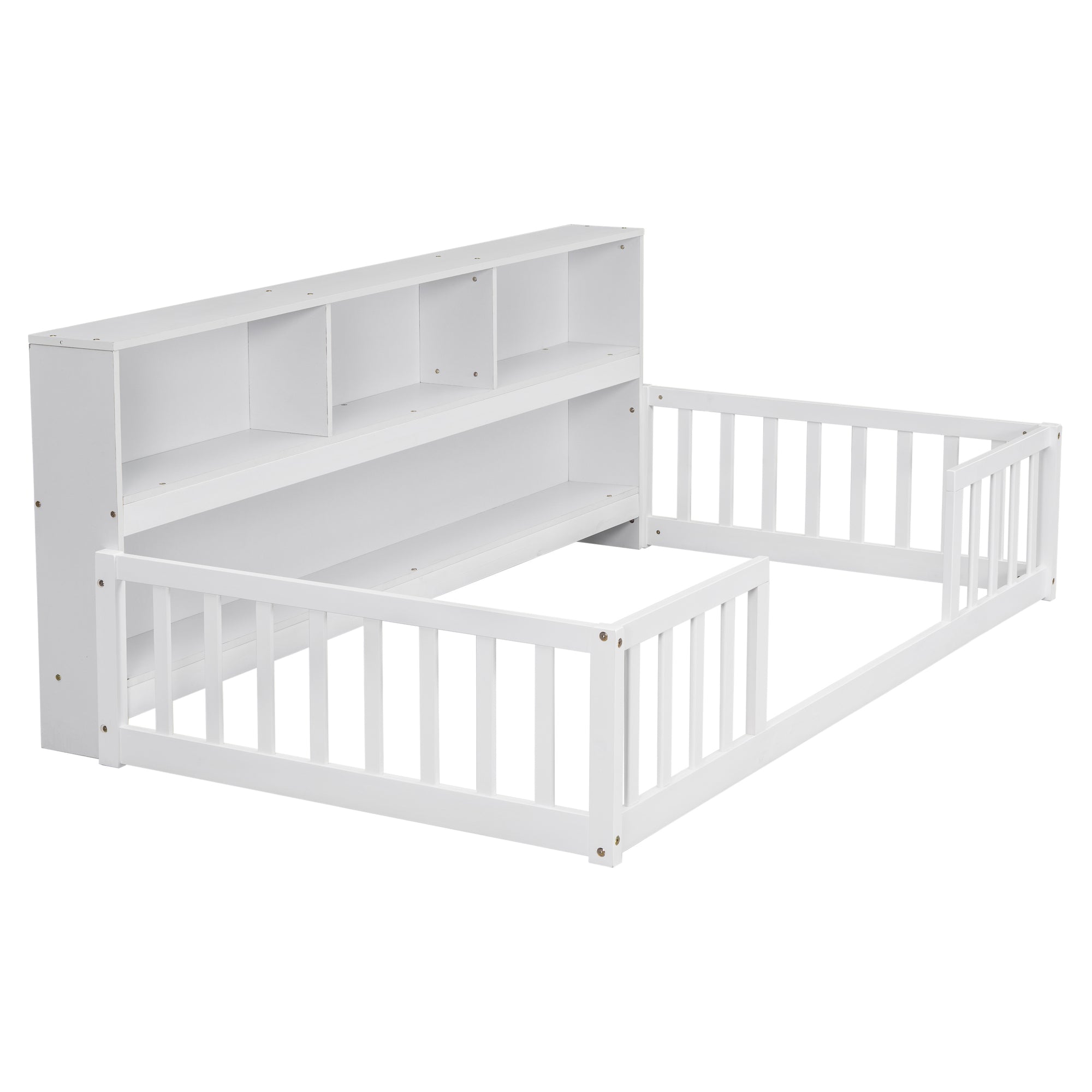 Twin Toddler Floor Bed with Bedside Bookcase, Shelves, and Guardrails in White