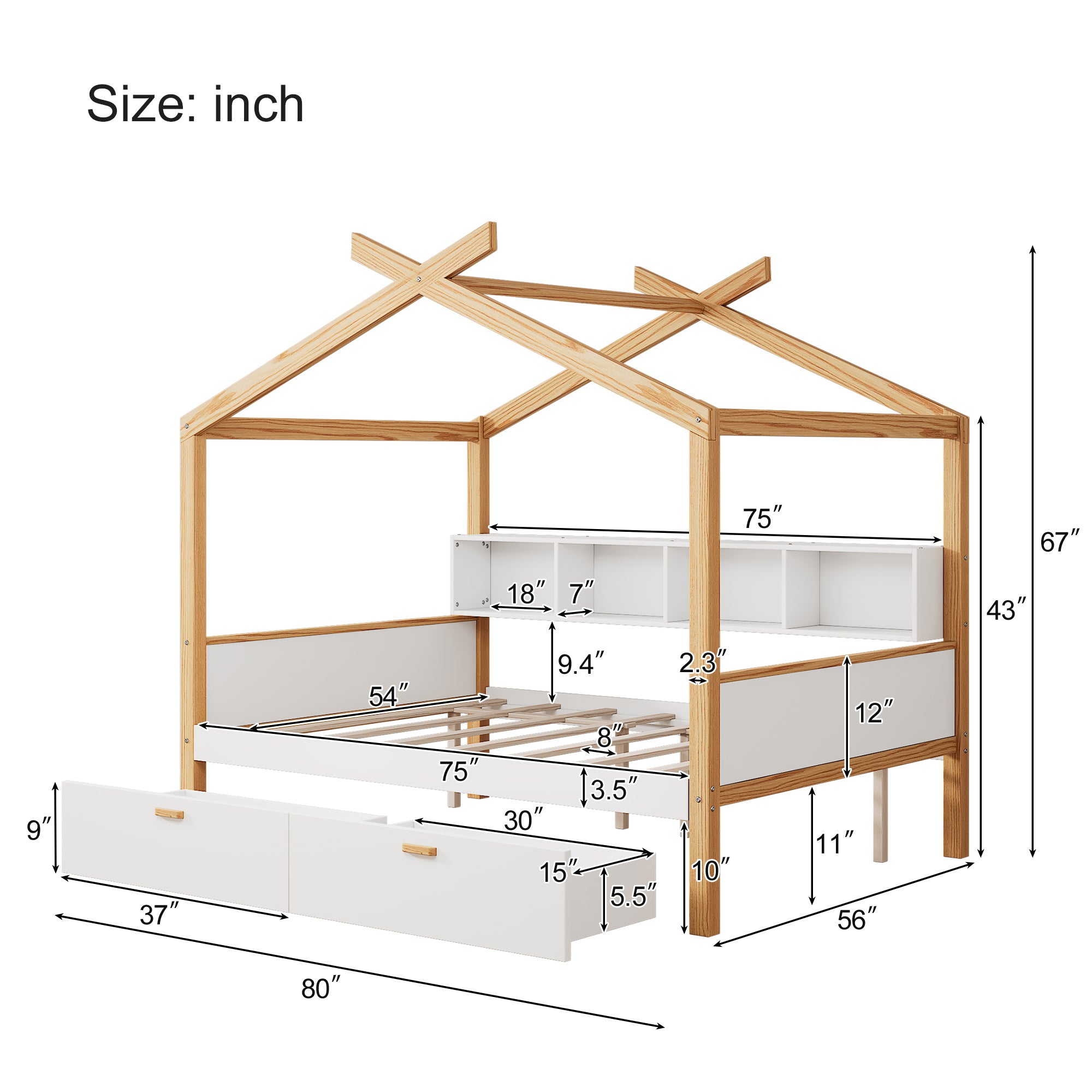 Full-Size House Bed with Storage Drawers and Bookshelves