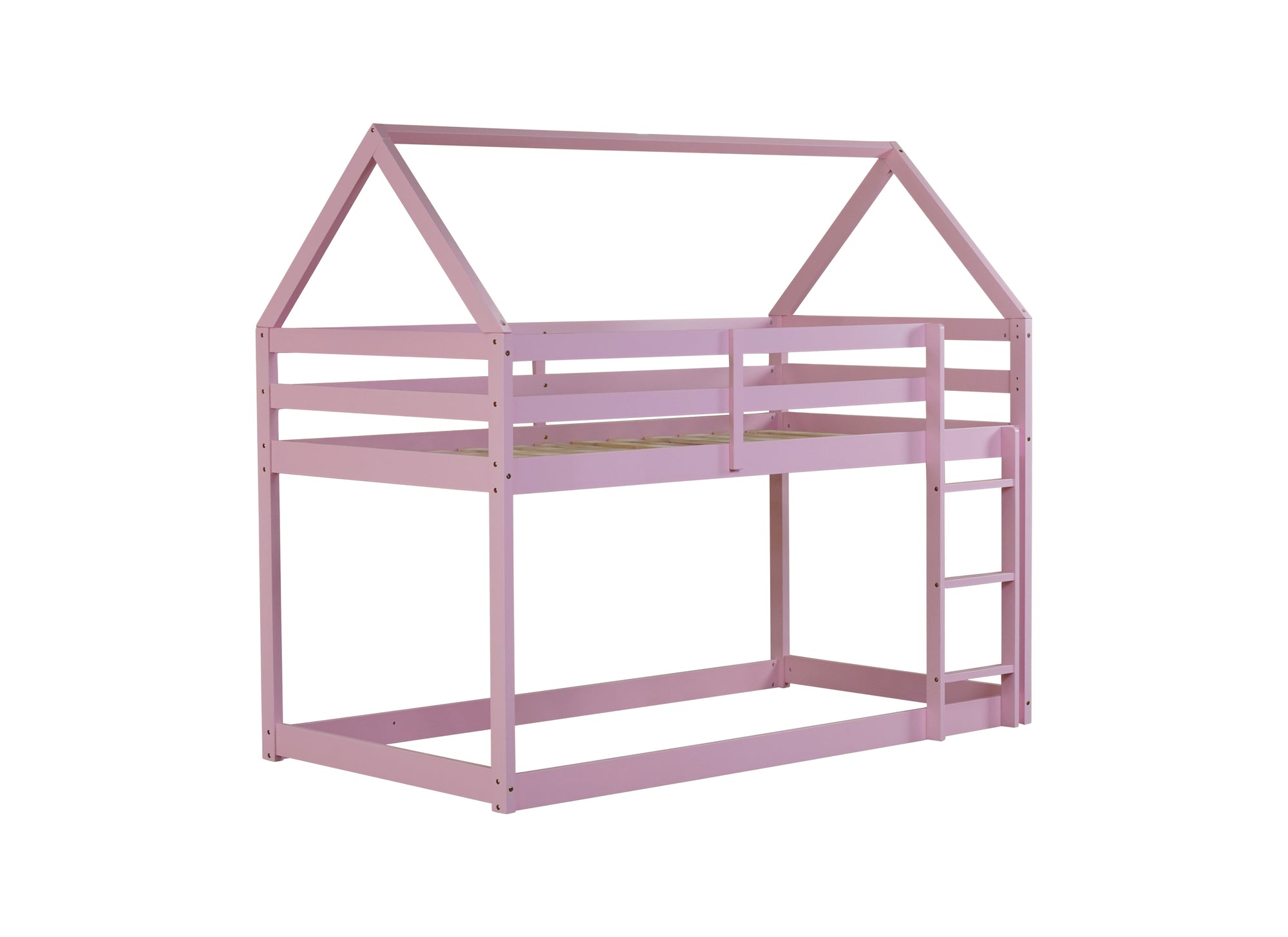 Twin Over Twin Pink House-Shaped Floor Bunk Bed with Ladder and Guardrails