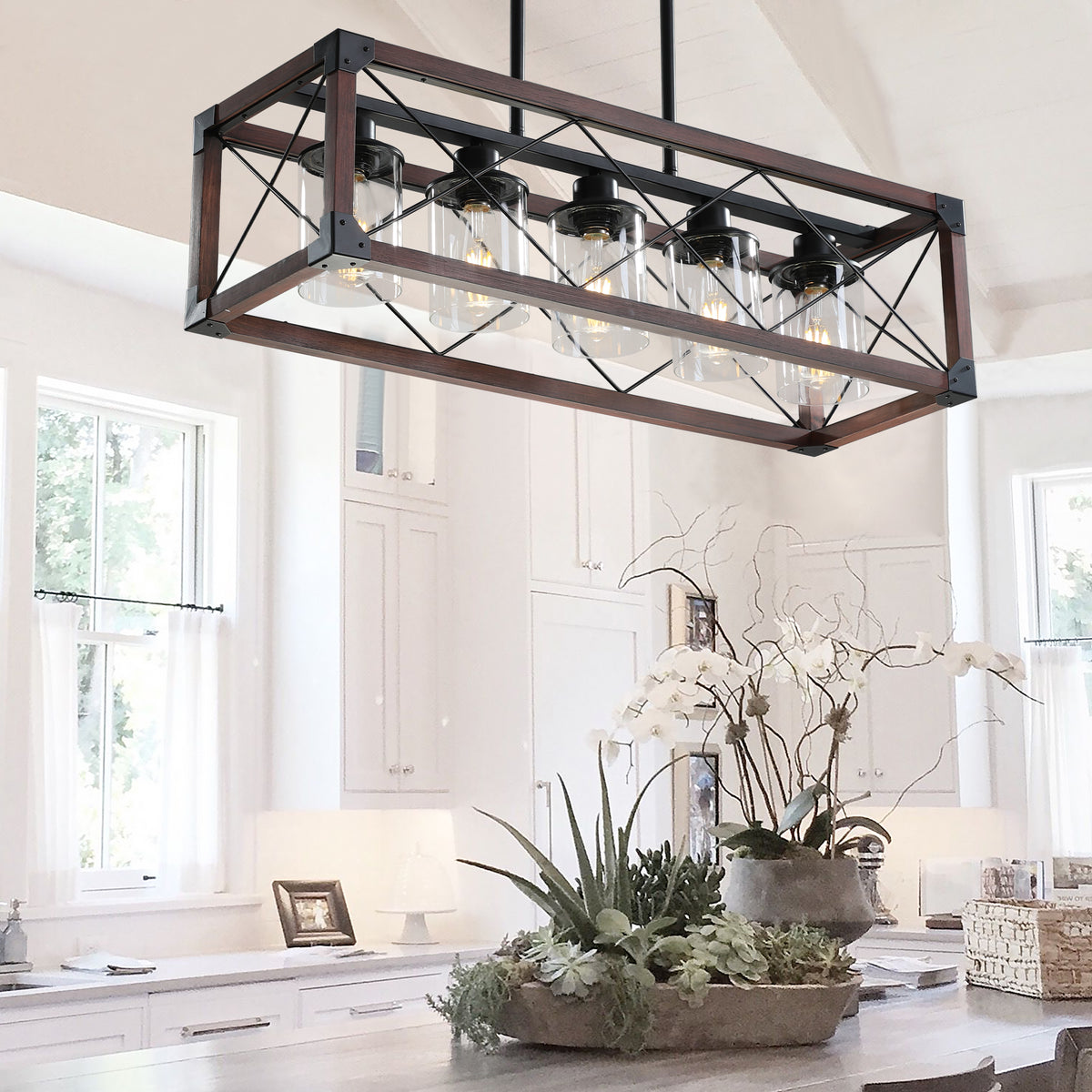 Farmhouse 5-Light Chandelier with Redwood Frame and Glass Shades