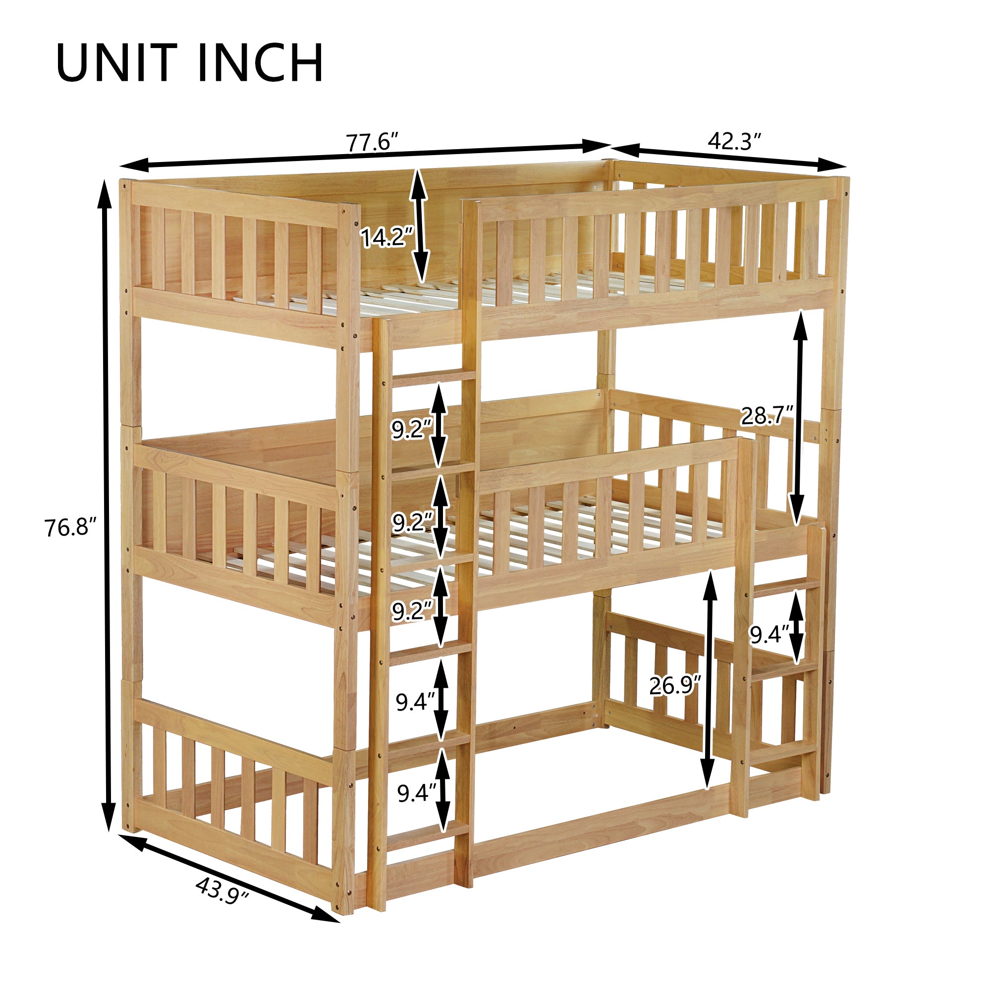 Twin Size Triple Rubber Wood Detachable Bunk Bed in White Oak