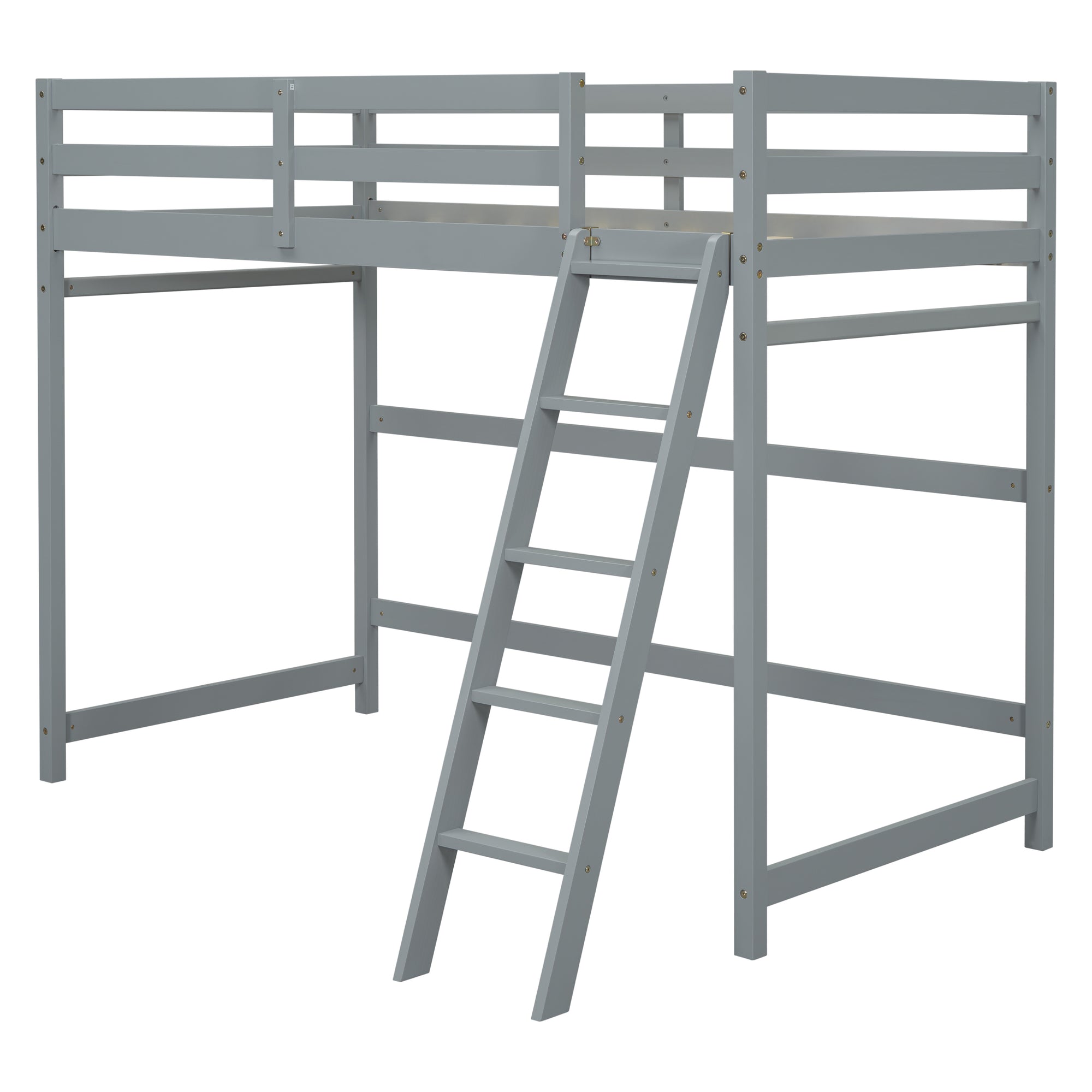 Gray Twin Size High Loft Bed with Inclined Ladder and Guardrails