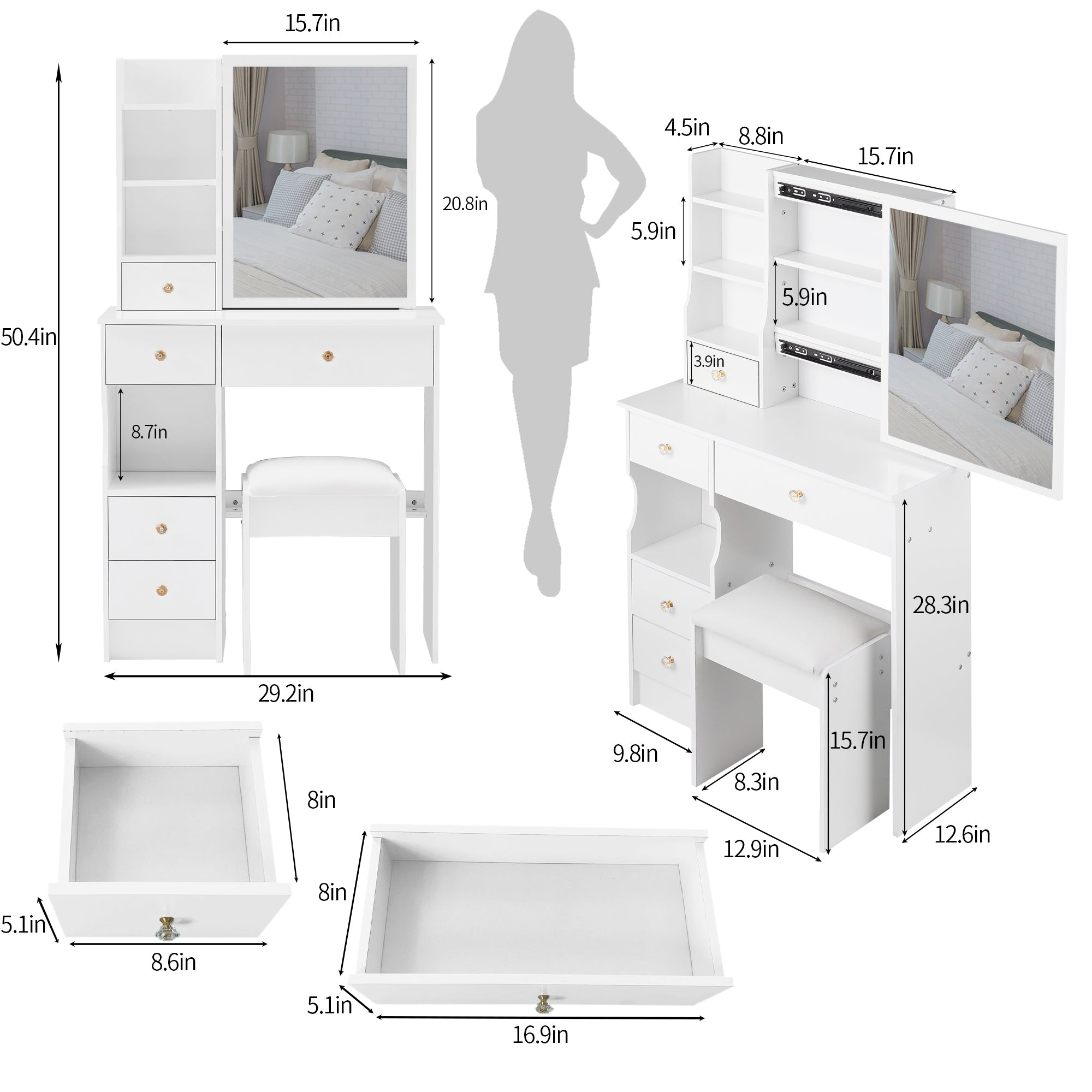 Small Size Left Drawer Desktop Vanity Table With Cushioned Stool Extra Large Sliding Mirror High Capacity Storage Suitable For Small Space In White