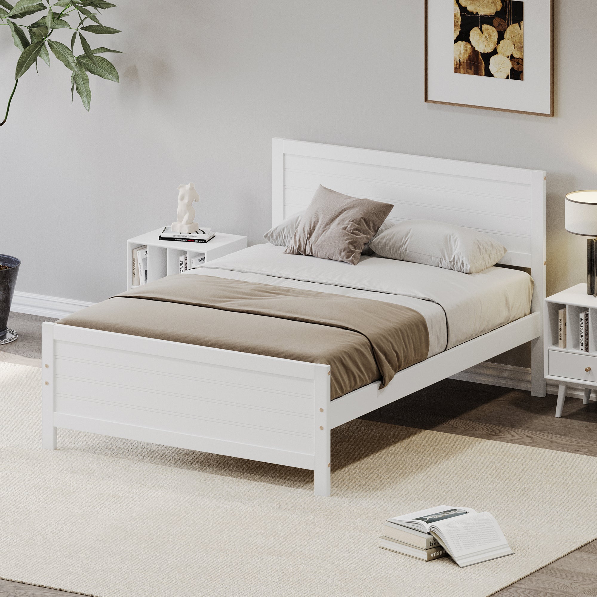 Full-Size Solid Wood Platform Bed Frame in White