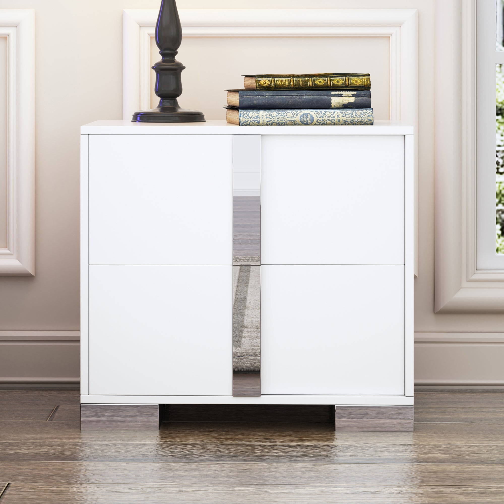 Elegant Nightstand with Metal Handle and 2 Drawers In White