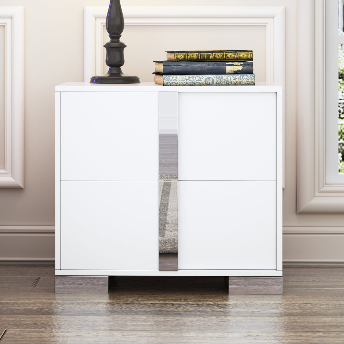 23&quot; White Nightstand with Metal Handling &amp; 2 Drawers