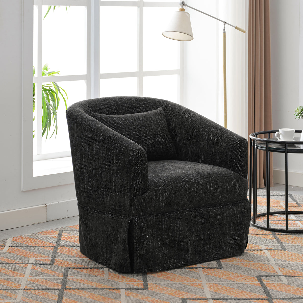 Black Linen Blend Swivel Accent Armchair