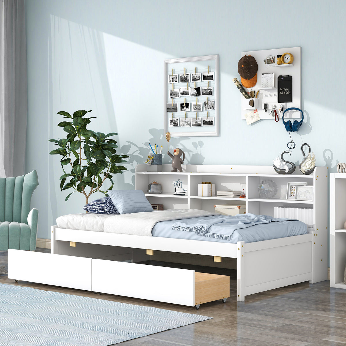 White Twin Bed with Side Bookcase and Storage Drawers