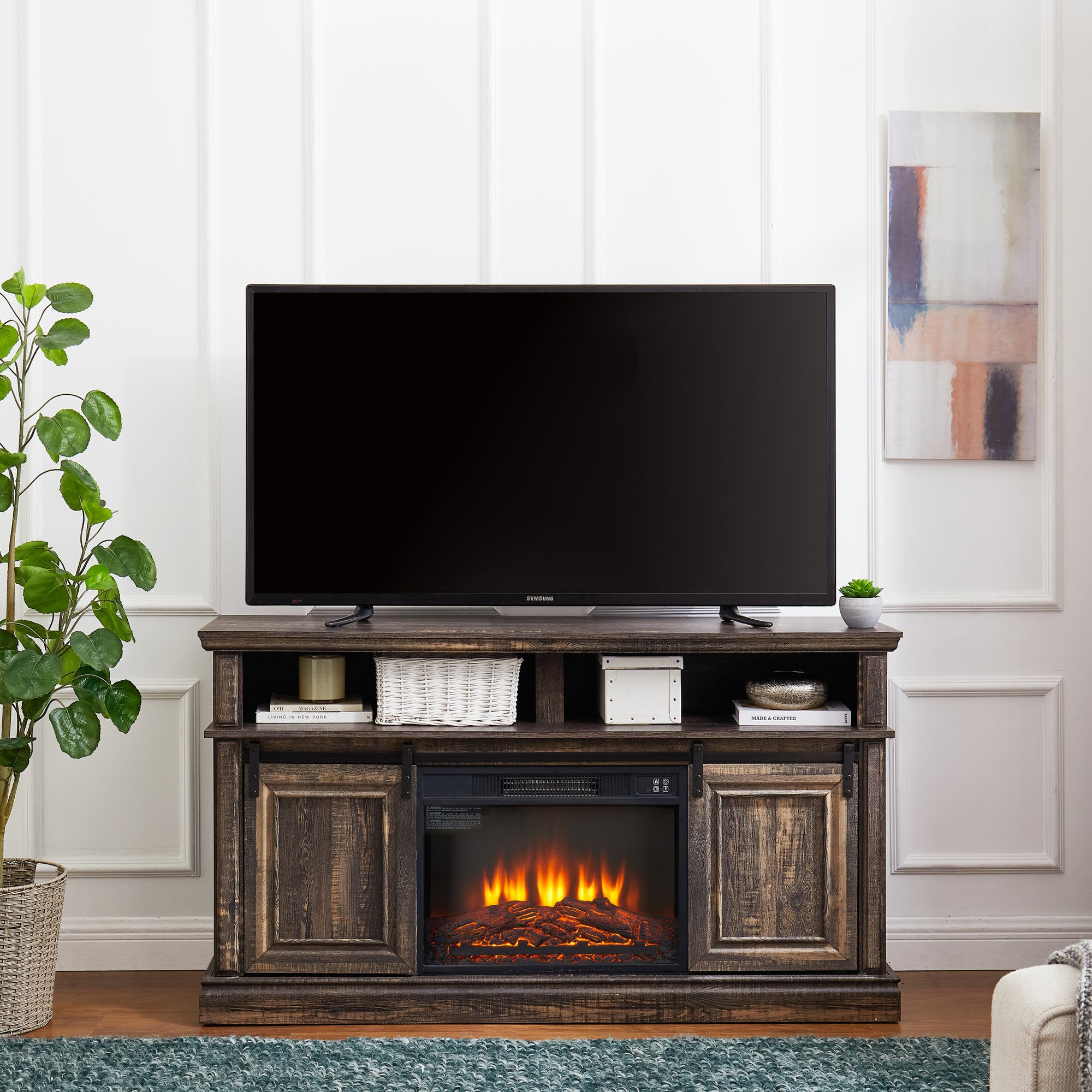 Modern Entertainment Console TV Stand with 23 Fireplace Insert and Large Storage Space In Antique Brown