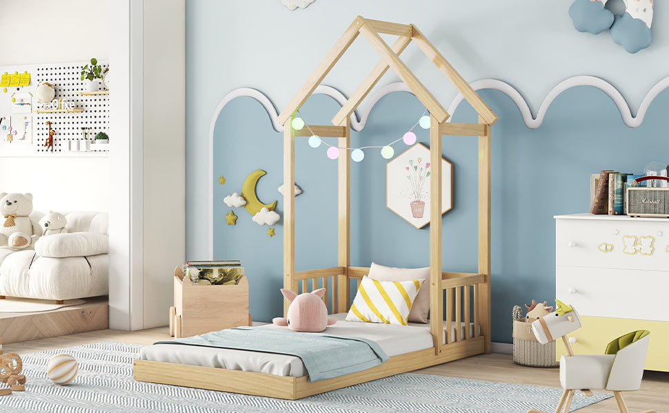 Natural Twin House-Shaped Roof Headboard Toddler Floor Bed