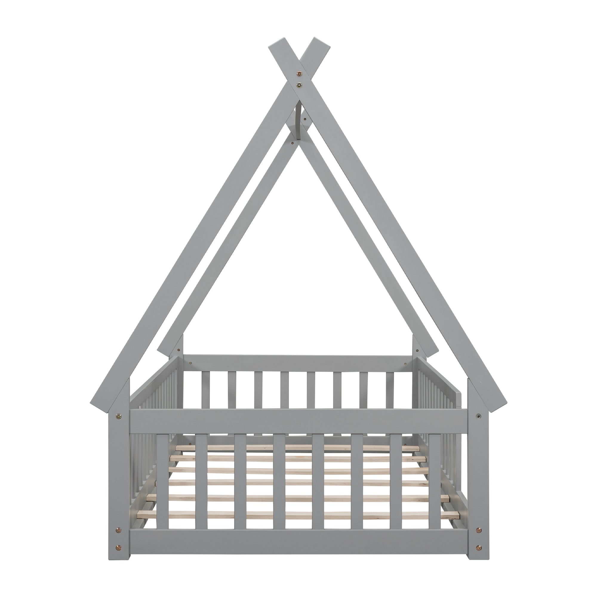 Gray Twin Tent-Shaped Teepee Toddler Floor Bed Frame with Guardrails