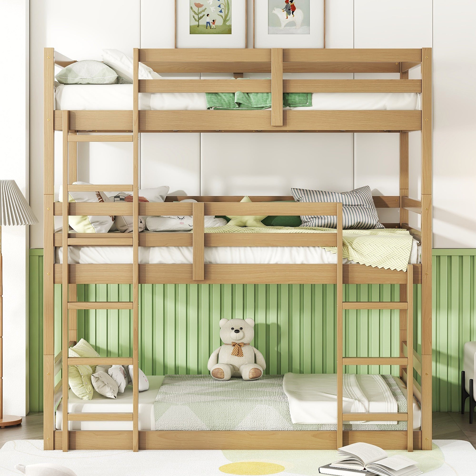 Triple Wood Bunk Bed with Two Built-in Ladders and Guardrails