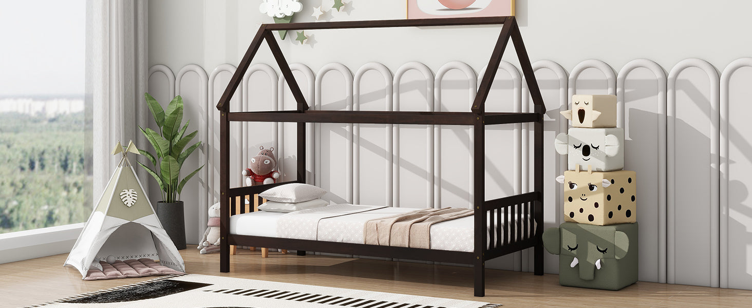 Espresso Twin Rubber Wood House Bed with Headboard and Footboard