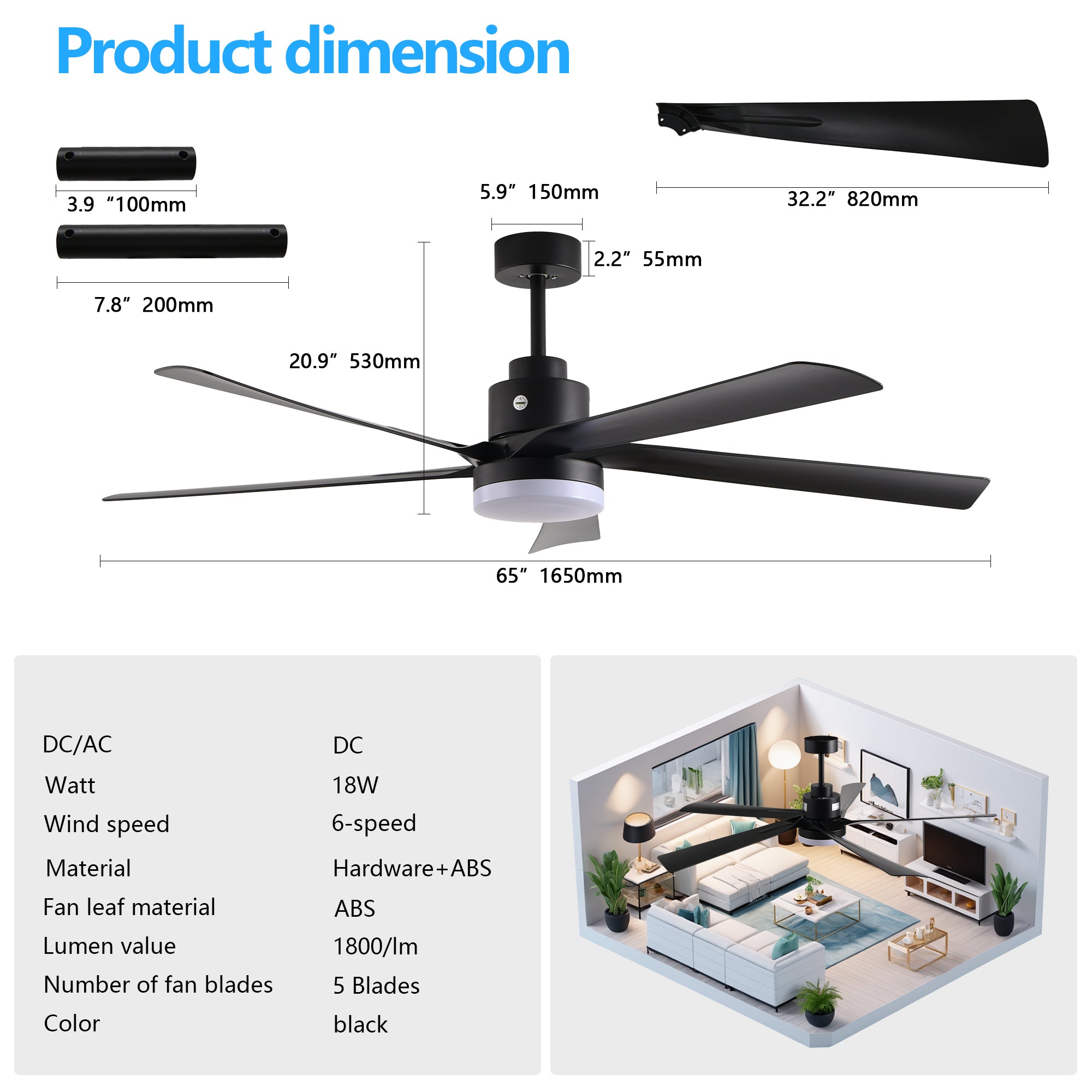 65-Inch Black Ceiling Fan with Light